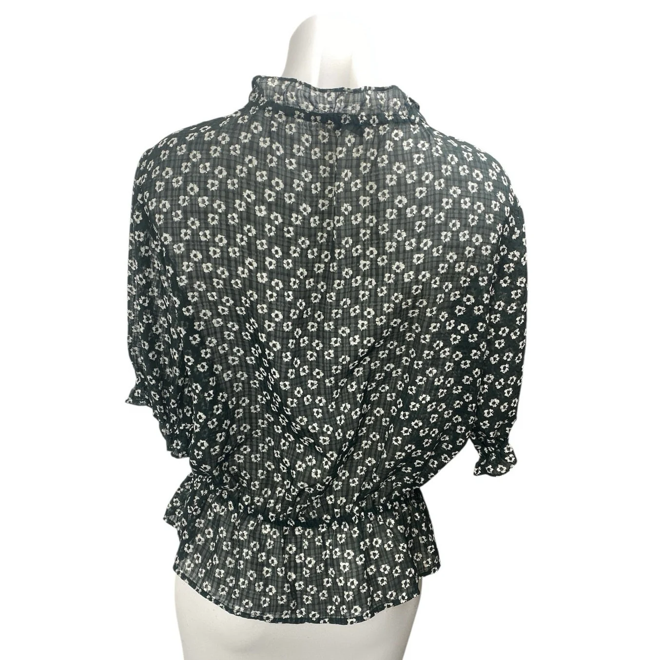 1.State Women's Black Floral Ruffle Neck Short Puff Sleeve Peplum Blouse Top S - Image 2