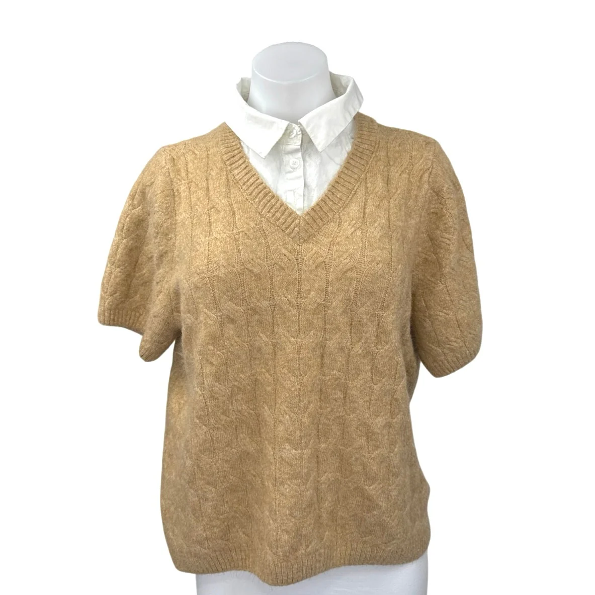 1.State Women's Tan White Cable Knit Layered Shirt Pullover Sweater Top Size L