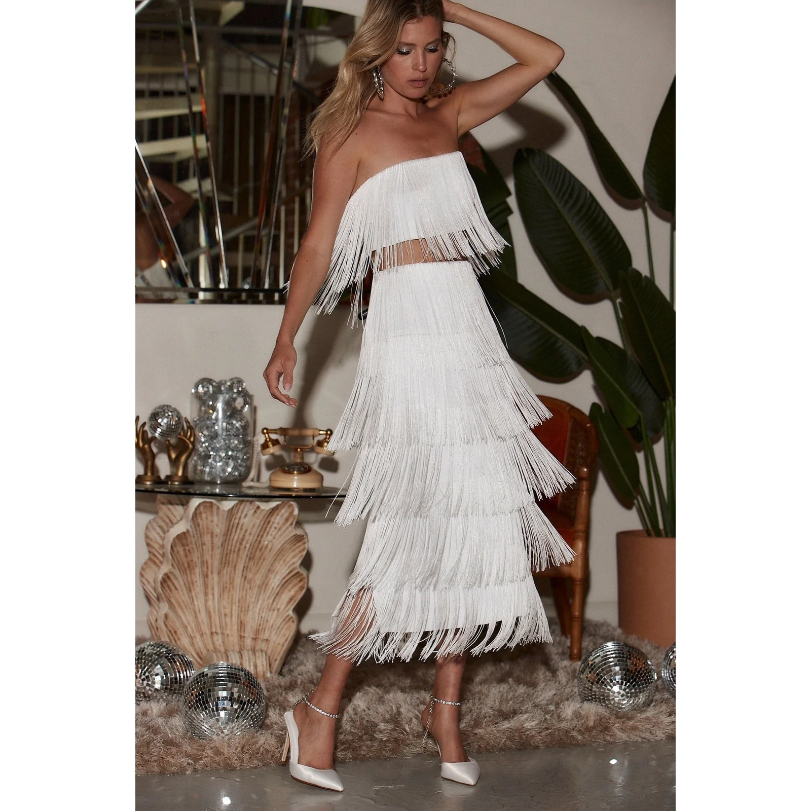 12th Tribe NWT White Gatsby Fringe Layered Straight Pencil Boho Midi Skirt Sz S - Image 2