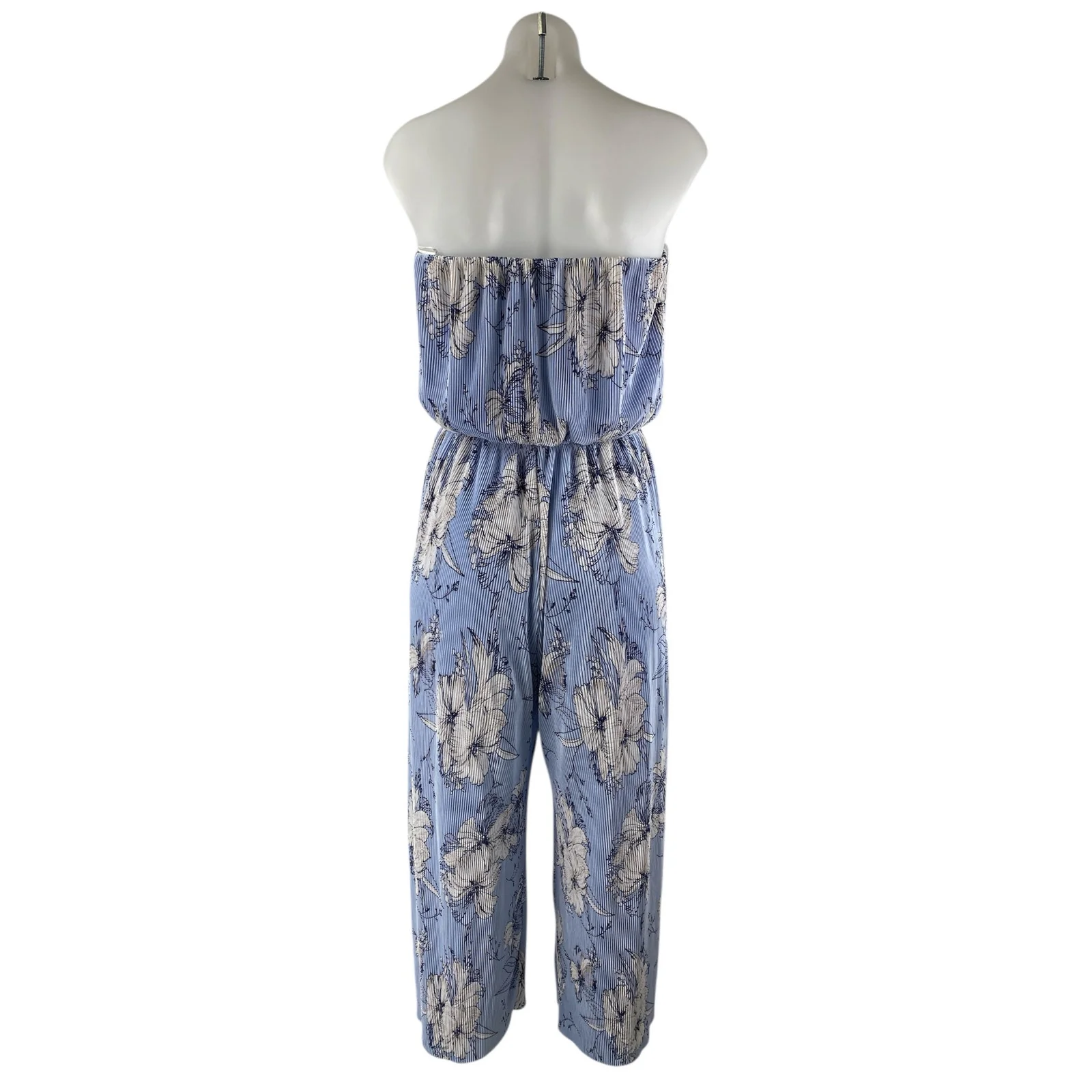 19 Cooper Blue Floral Rib Strapless Bandeau Wide Leg Tube Romper Jumpsuit Size M - Image 3