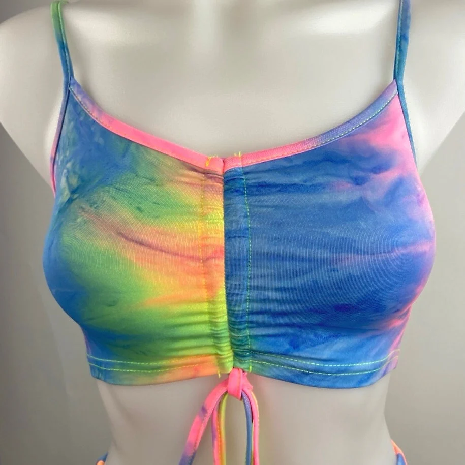2 Piece Outfit Rainbow Tie-Dye Bodycon Spaghetti Strap Crop Top Mini Skirt Set S - Image 3