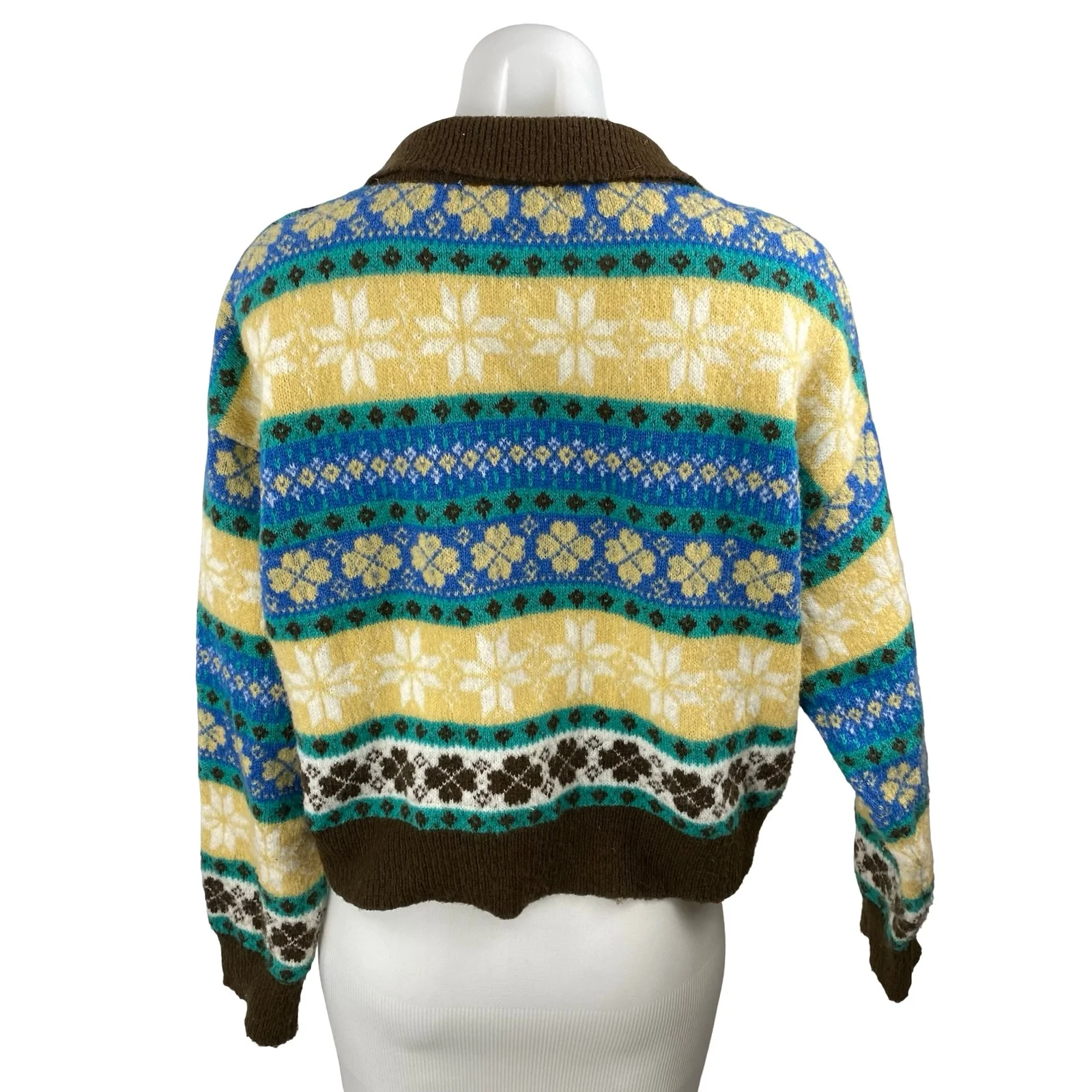 24Colours Fair Isle Collared Long Sleeve Button Down Crop Cardigan Sweater Top M - Image 4