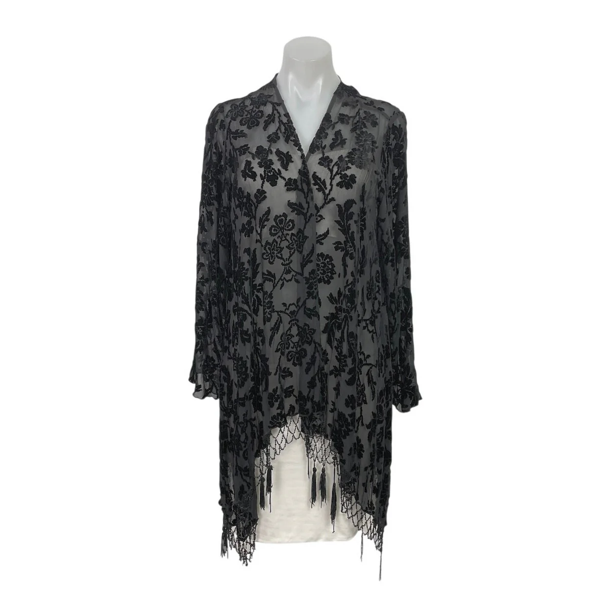 4 Love and Liberty Black Floral Burnout Velvet Jacquard Kimono Fringe Cardigan S