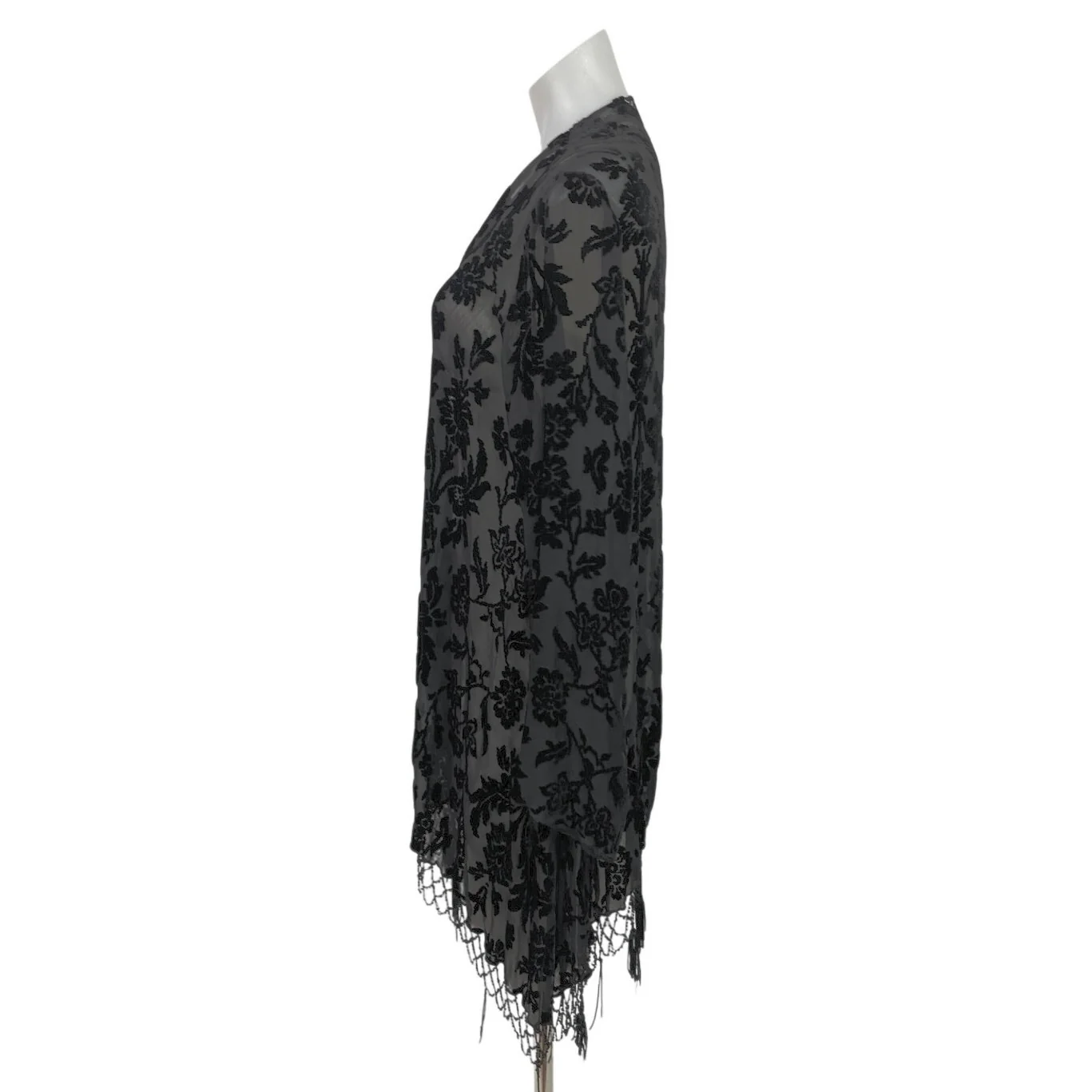 4 Love and Liberty Black Floral Burnout Velvet Jacquard Kimono Fringe Cardigan S - Image 2