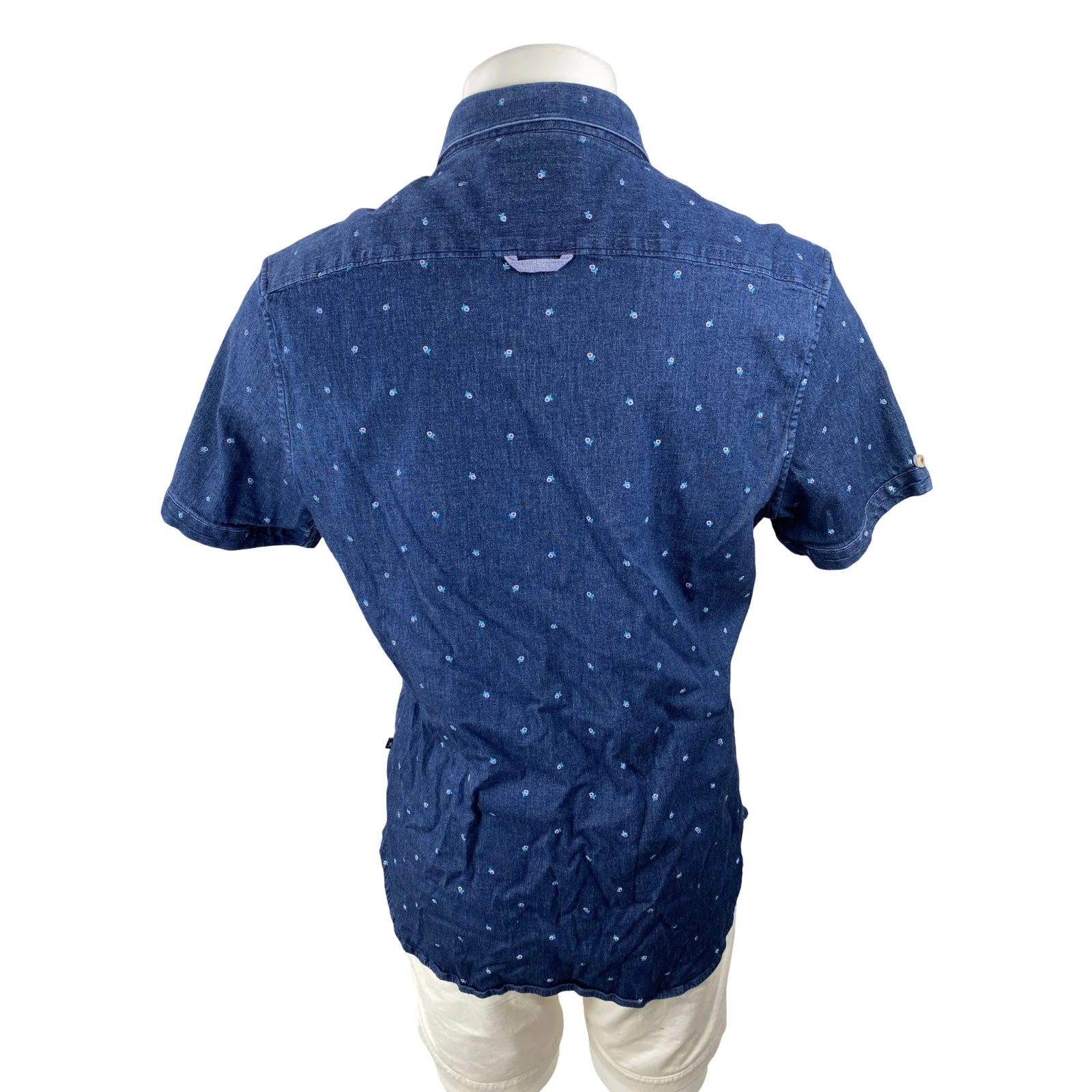 7 Diamonds Men's Blue Floral Embroidery Denim Stretch Button Down Shirt Top Sz L - Image 4