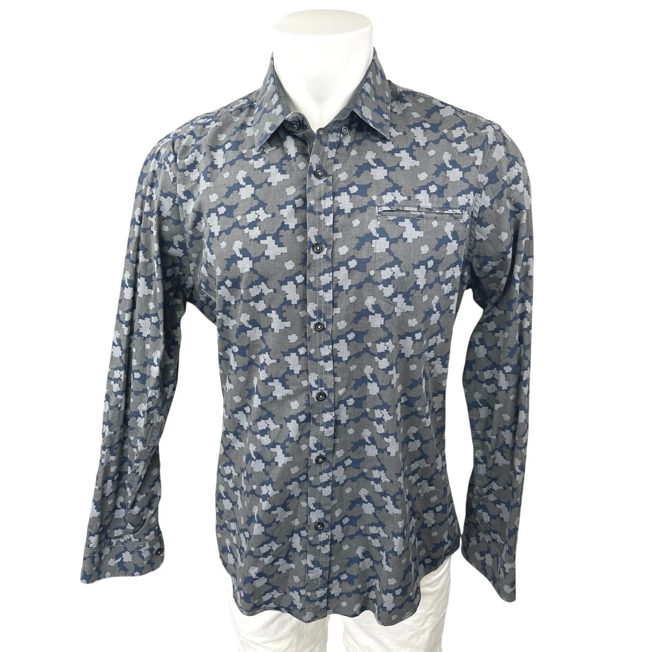 7 Diamonds Men's Gray Geometric Long Sleeve Button Down Dress Shirt Top Size L