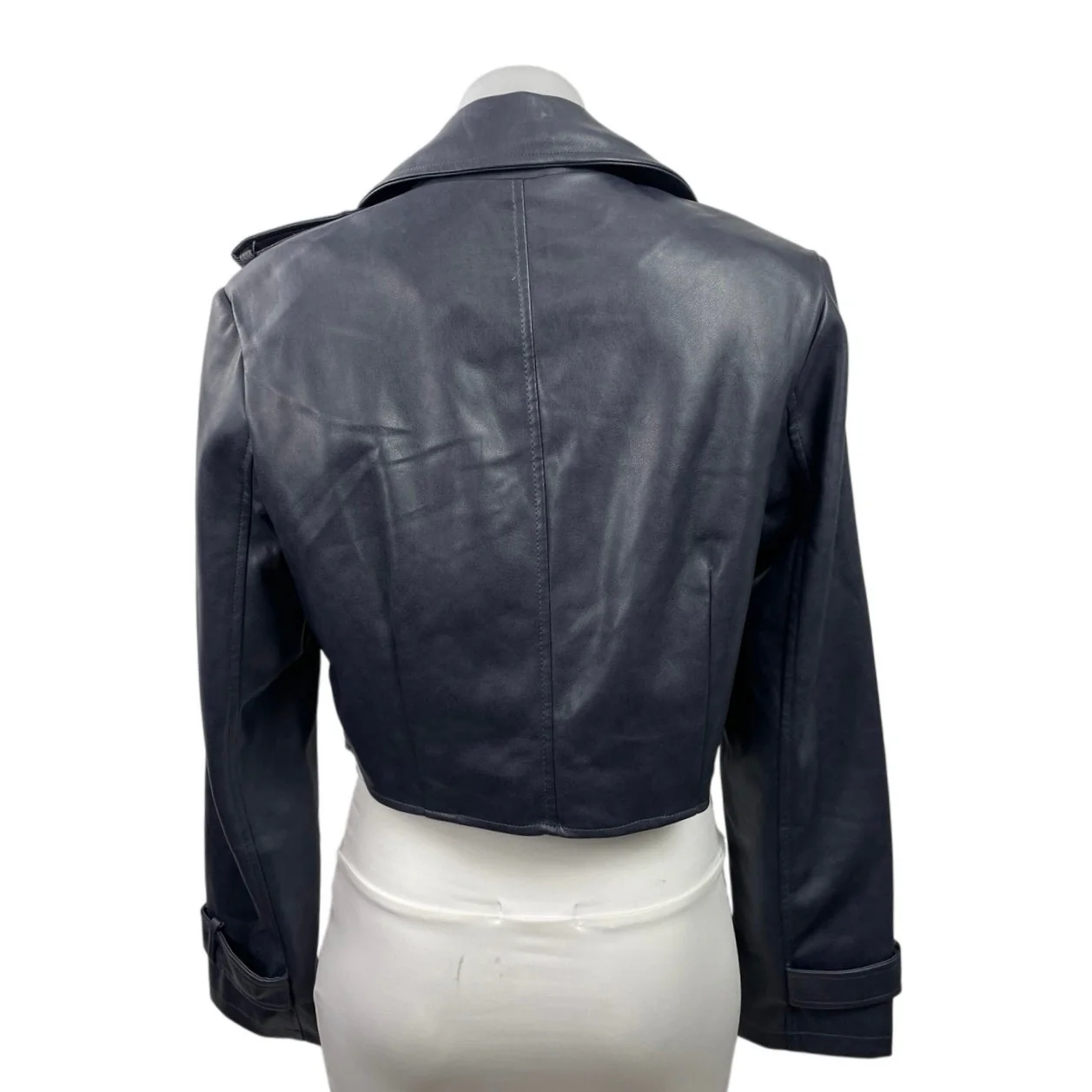 7 For All Mankind Black Faux Leather Vegan Cropped Biker Moto Coat Jacket Size M - Image 3