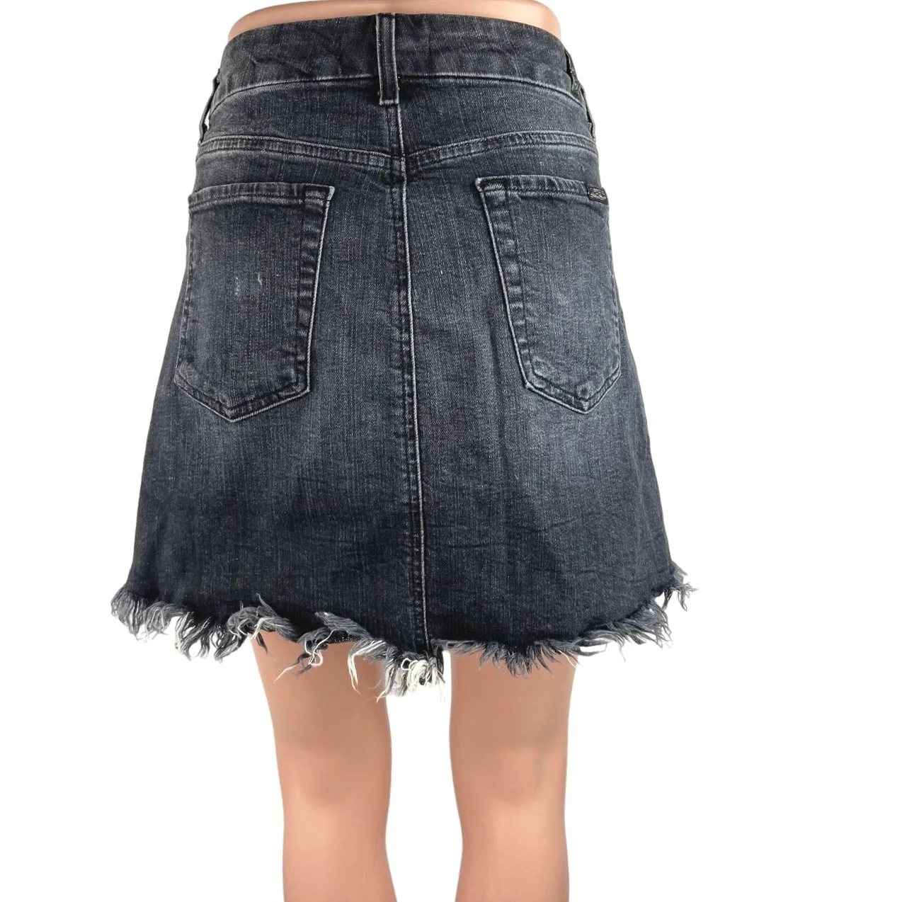 7 For All Mankind Black Washed High Waisted Frayed Hem Denim Jean Skirt Size 28 - Image 3