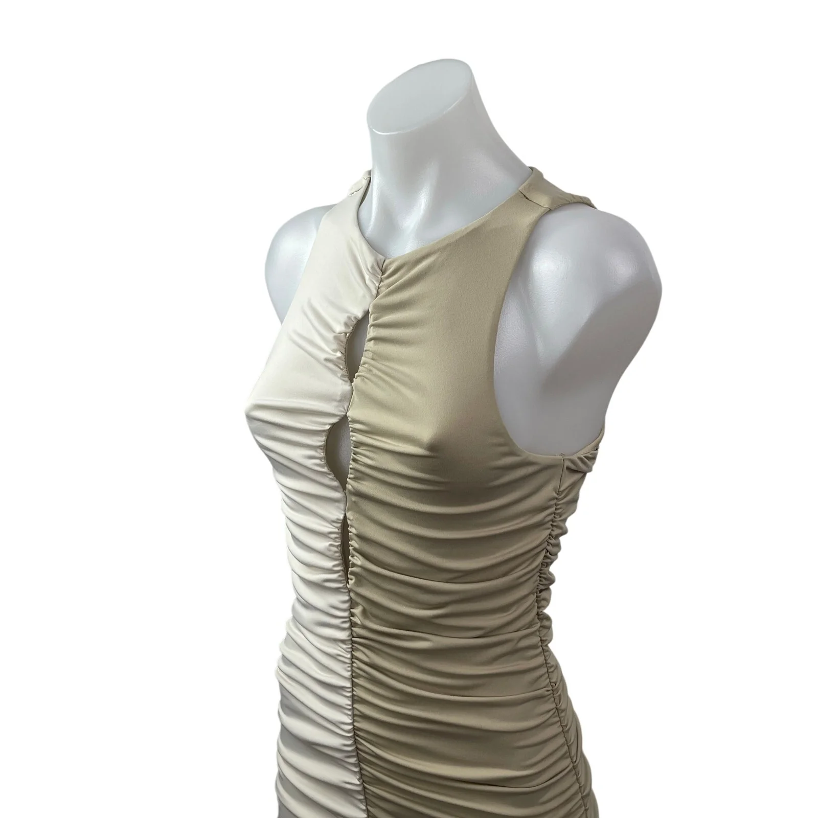 Abercrombie & Fitch Beige Khaki Colorblock Cutout Ruched Mini Bodycon Dress ST - Image 2