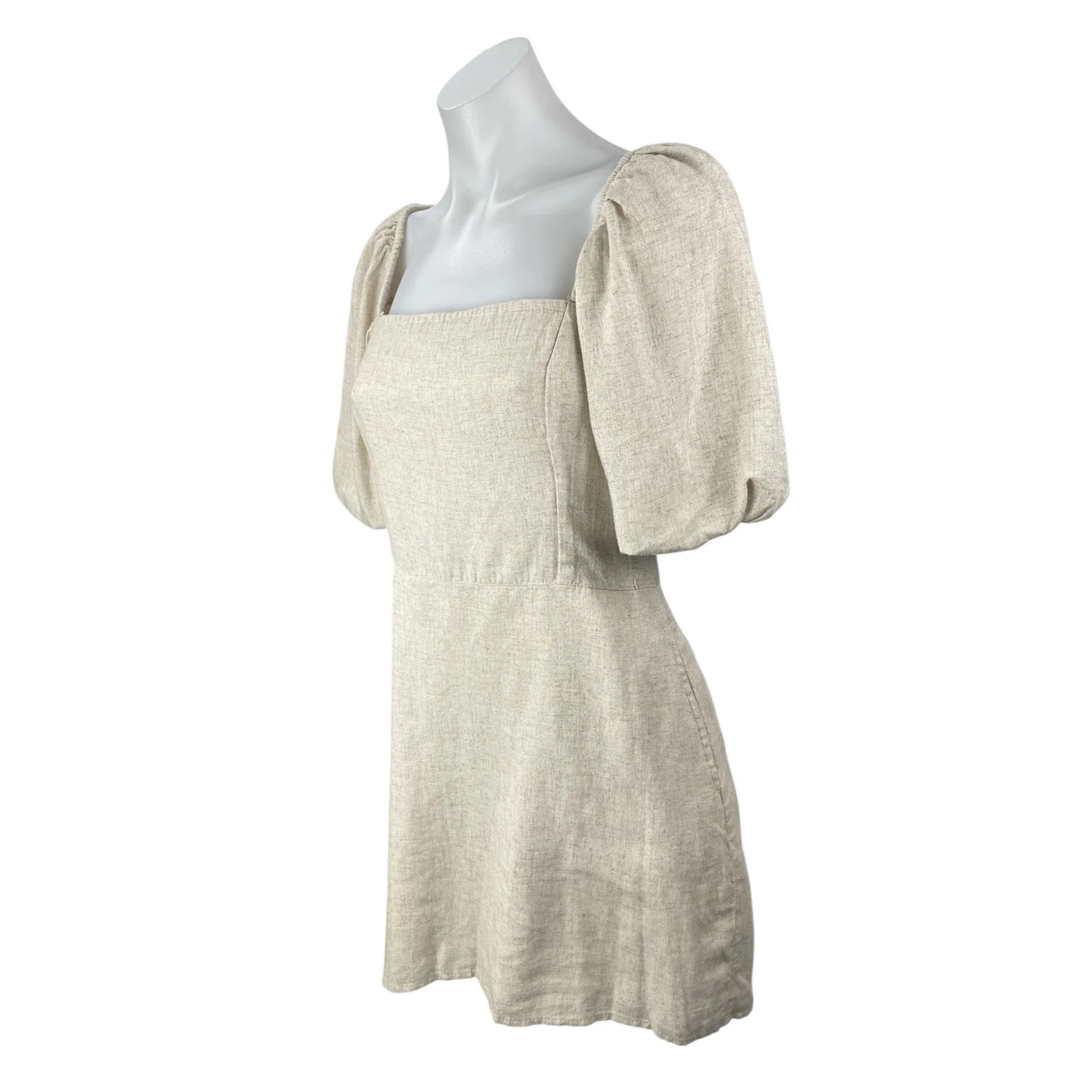 Abercrombie & Fitch Beige Linen Short Puff Sleeve Square Neck ALine Mini Dress S - Image 3