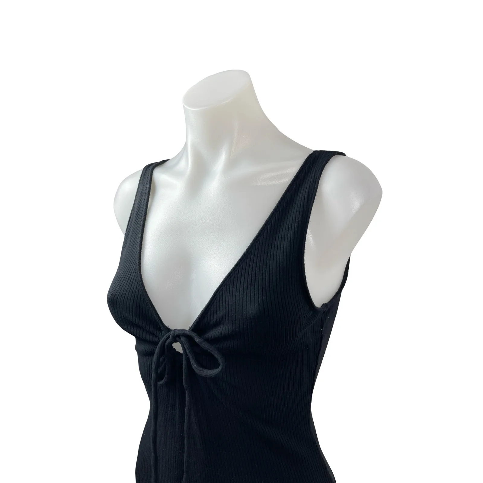 Abercrombie & Fitch Black Ribbed Knit V Neck Tie Bow Tank Bodysuit Top Size S - Image 2
