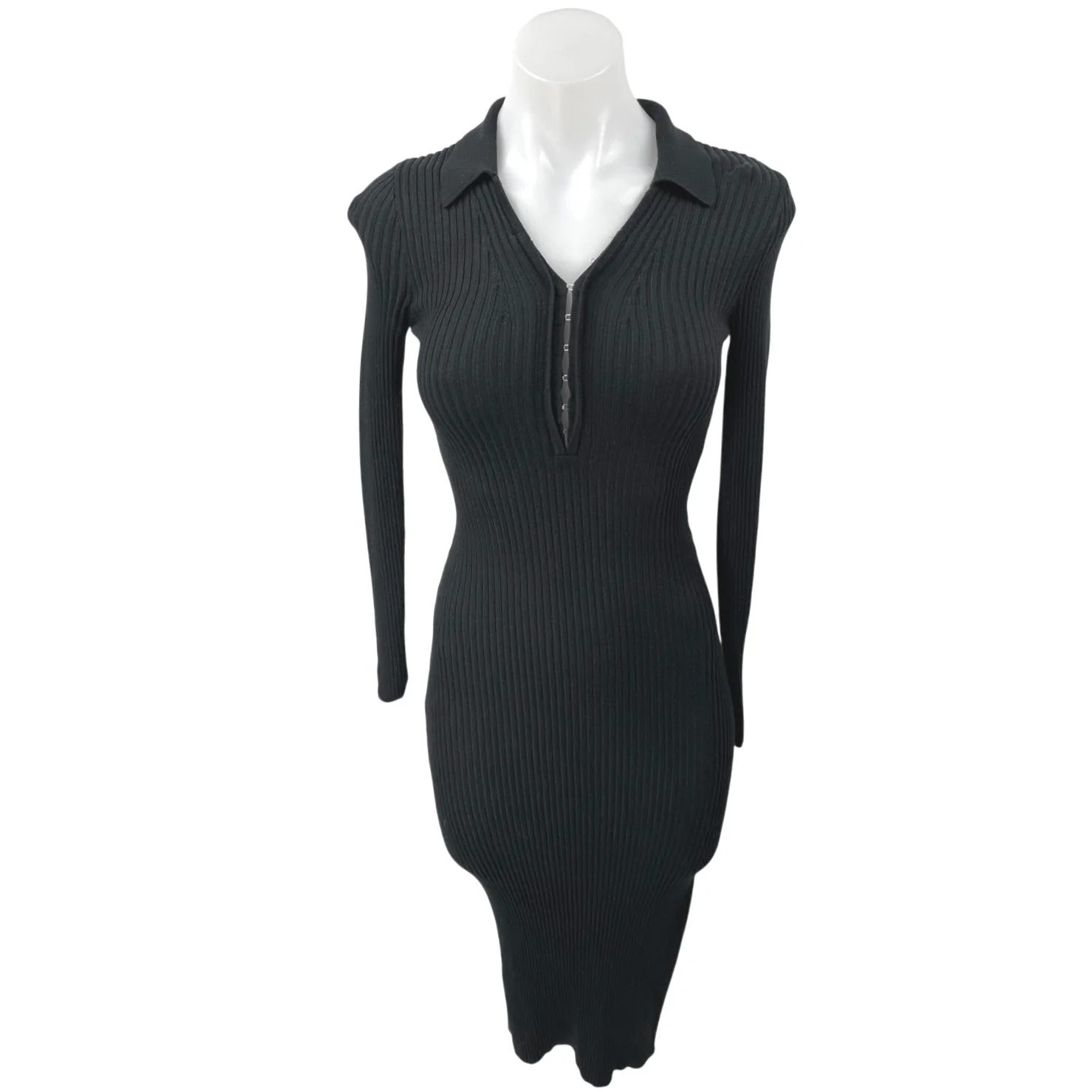 Abercrombie & Fitch Black Ribbed Long Sleeve Midi Bodycon Polo Sweater Dress XS