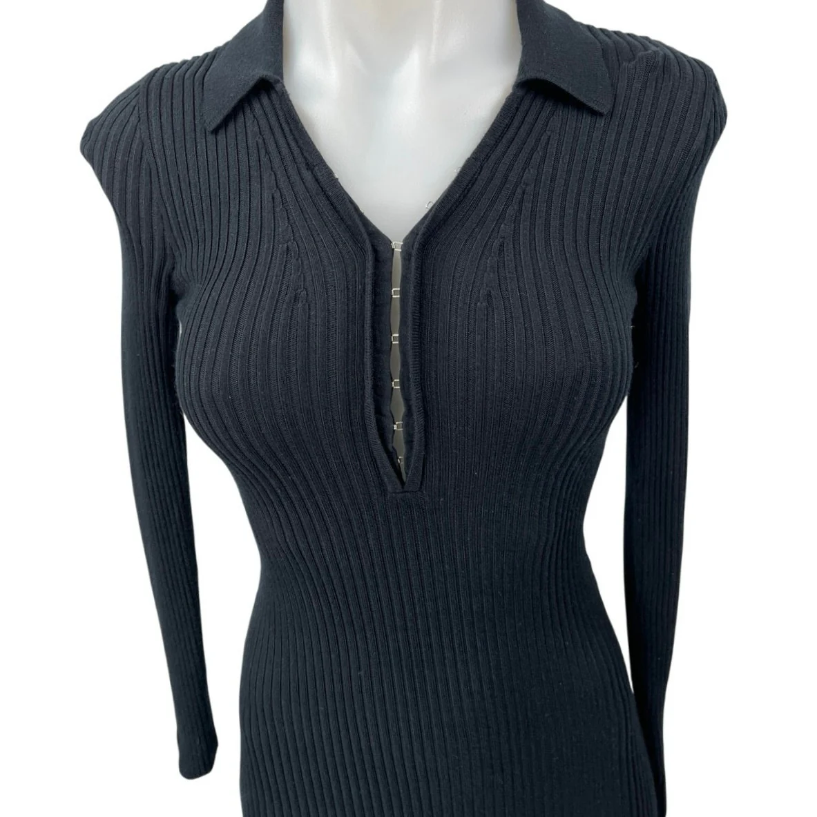 Abercrombie & Fitch Black Ribbed Long Sleeve Midi Bodycon Polo Sweater Dress XS - Image 3