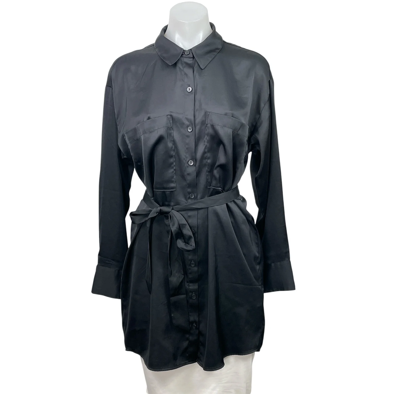 Abercrombie & Fitch Black Satin Long Sleeve Belted Button Down Shirt Dress Sz S