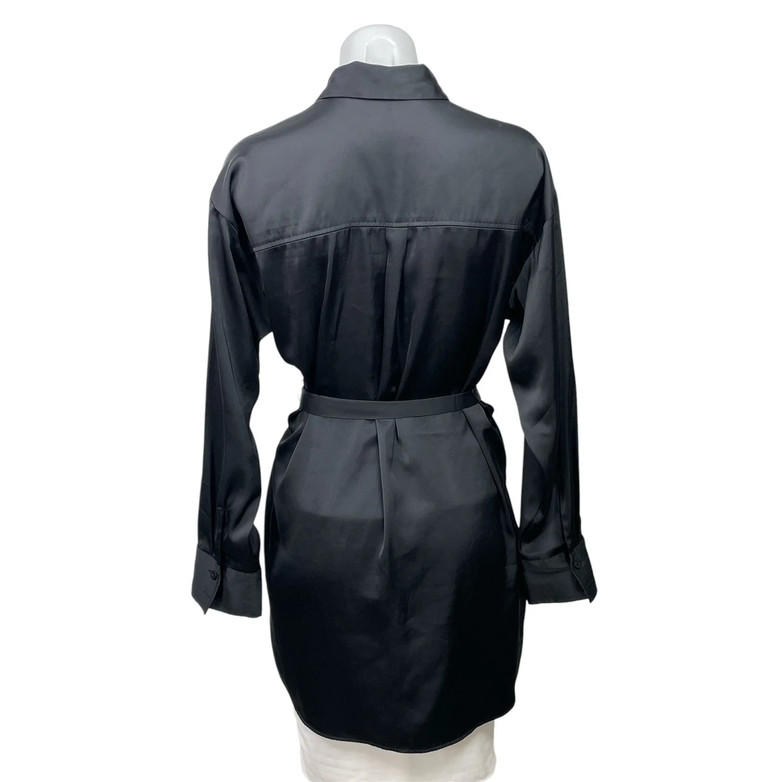 Abercrombie & Fitch Black Satin Long Sleeve Belted Button Down Shirt Dress Sz S - Image 3