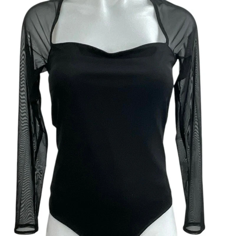 Abercrombie & Fitch Black Sweetheart Neck Mesh Sheer Long Sleeve Bodysuit Top M - Image 4