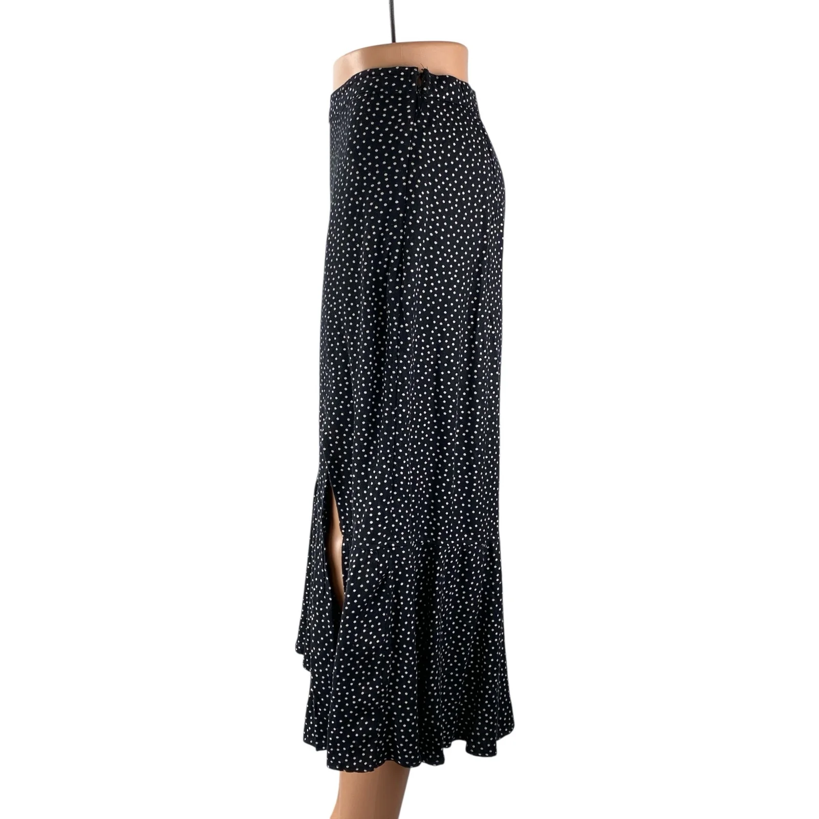 Abercrombie & Fitch Black White Polka Dots Side Slit Ruffle Slip Midi Skirt Sz S - Image 3