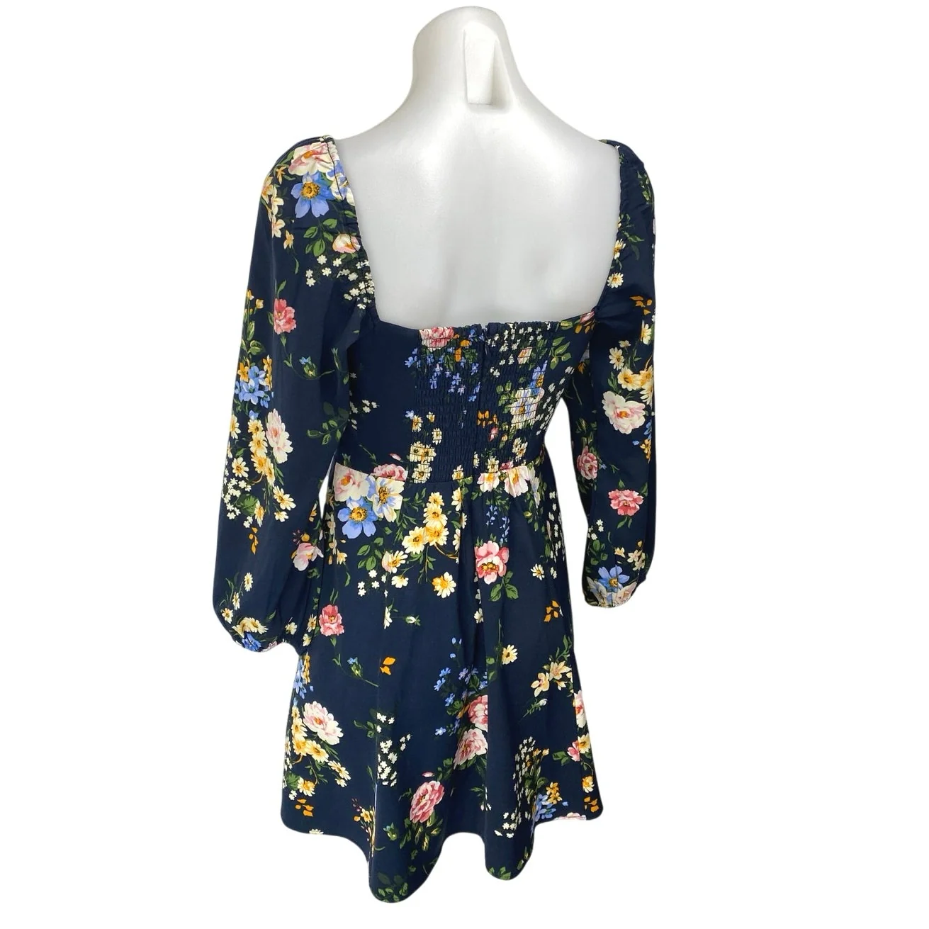 Abercrombie & Fitch Blue Floral Long Puff Sleeve Lace Up A Line Mini Dress Sz S - Image 2