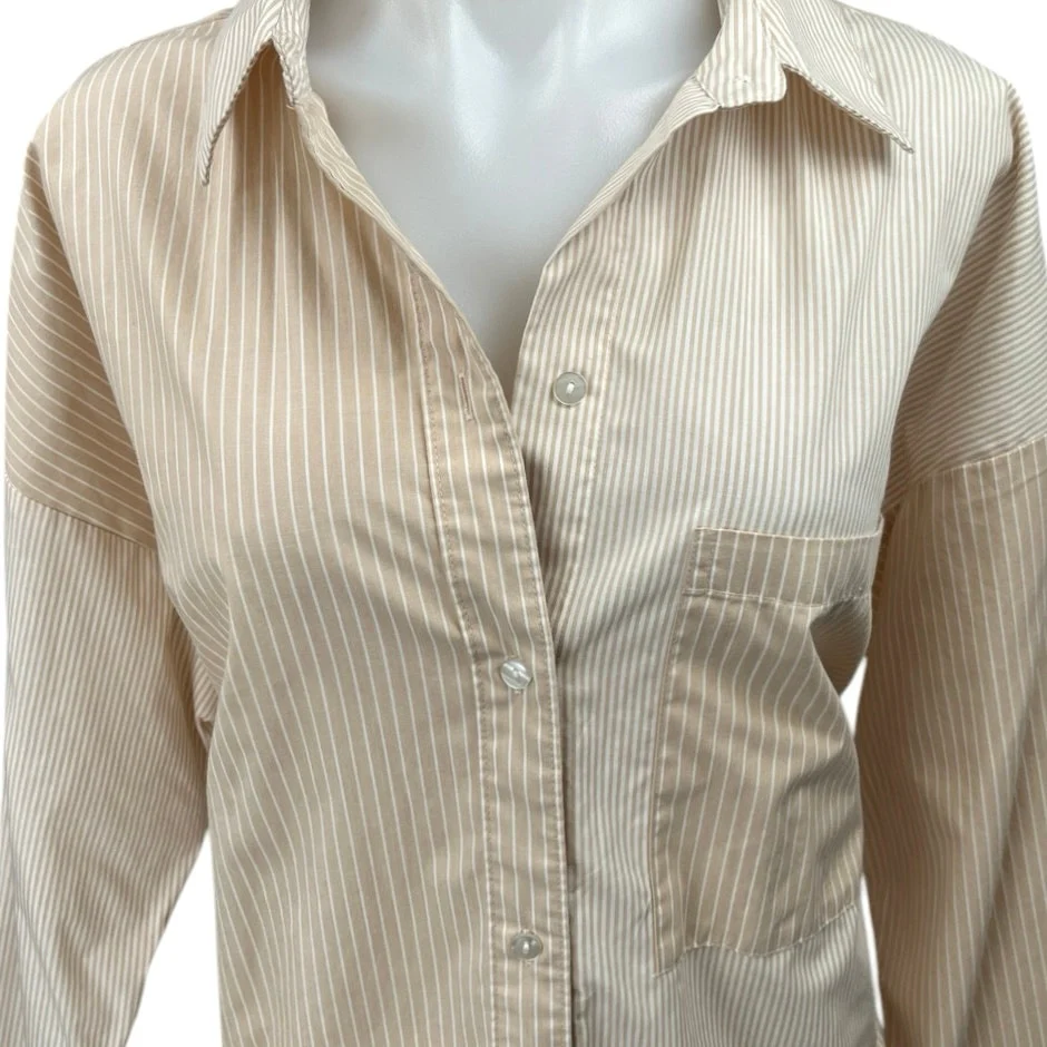 Abercrombie & Fitch Cream Striped Button Down Long Sleeve Oversized Shirt Top L - Image 3