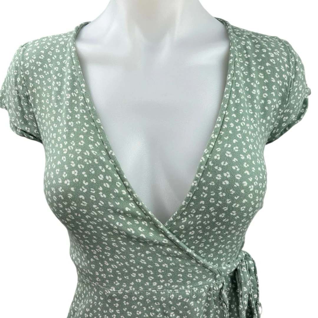Abercrombie & Fitch Green Floral Ruffle Asymmetric V-neck Midi Wrap Dress Sz 2XS - Image 3