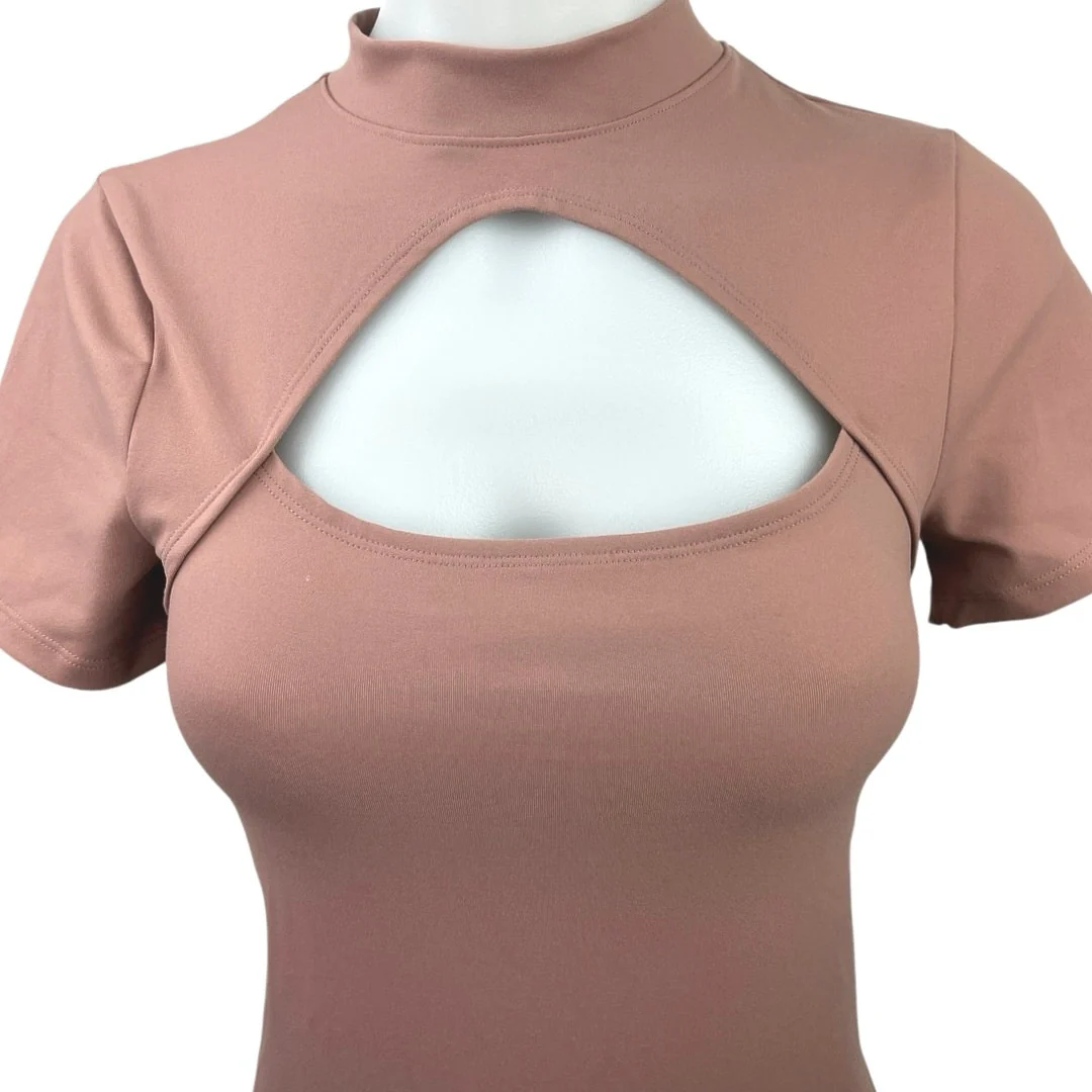 Abercrombie & Fitch Nude Pink Cutout Soft Short Sleeve Thong Bodysuit Top Size S - Image 3