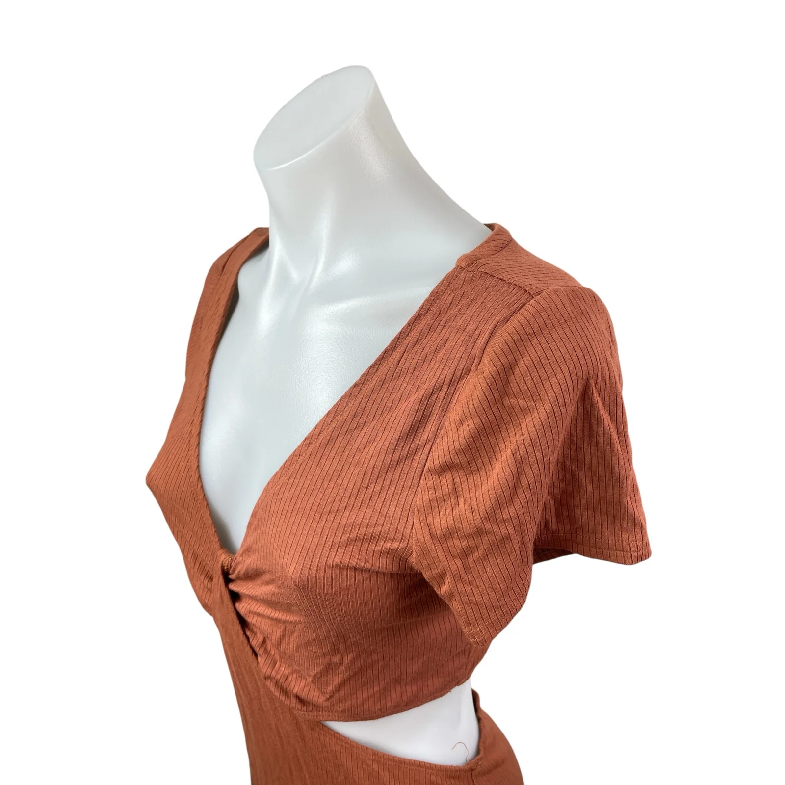 Abercrombie & Fitch Rust Brown Short Sleeve V Neck Rib Knit Cutout Mini Dress M - Image 2