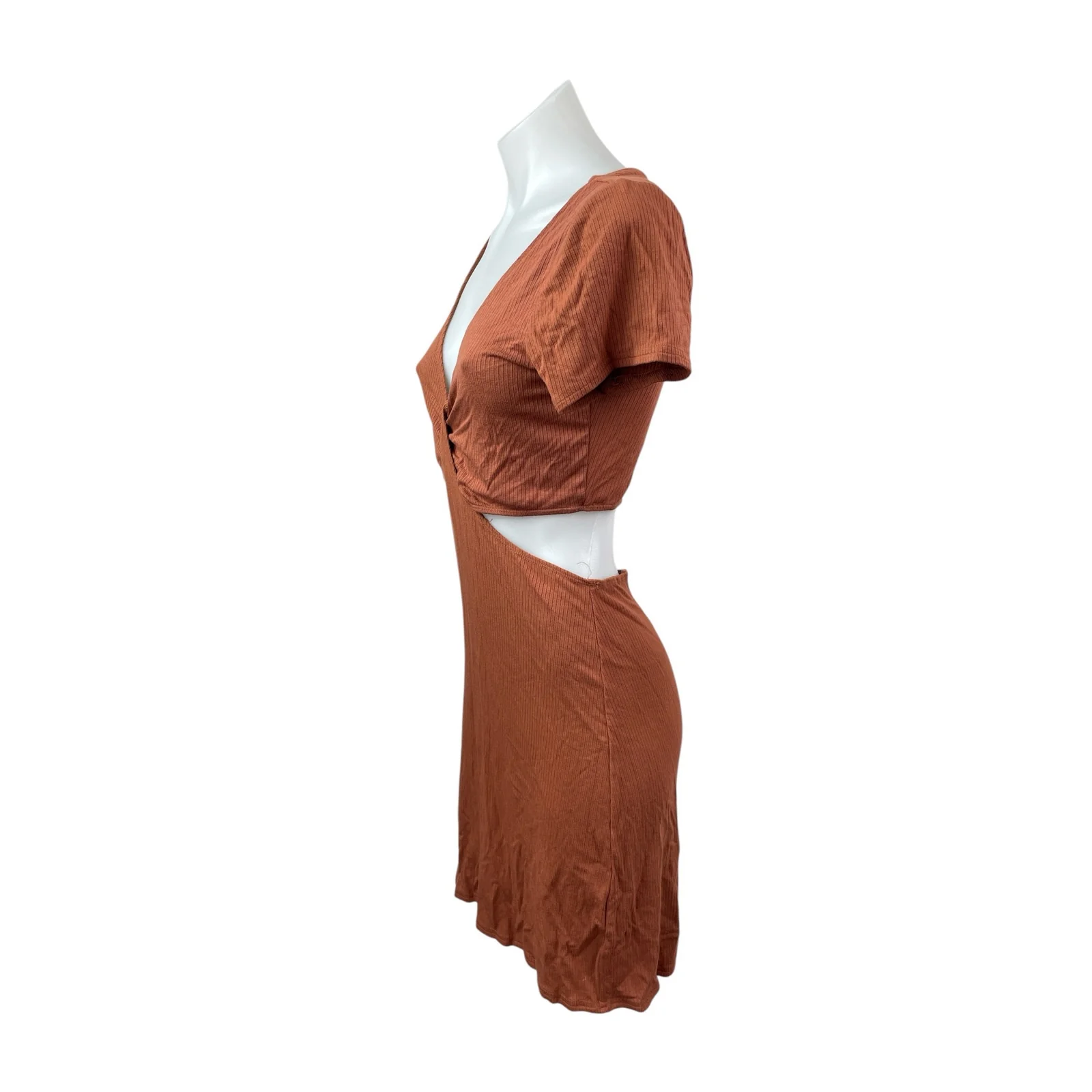 Abercrombie & Fitch Rust Brown Short Sleeve V Neck Rib Knit Cutout Mini Dress M - Image 3