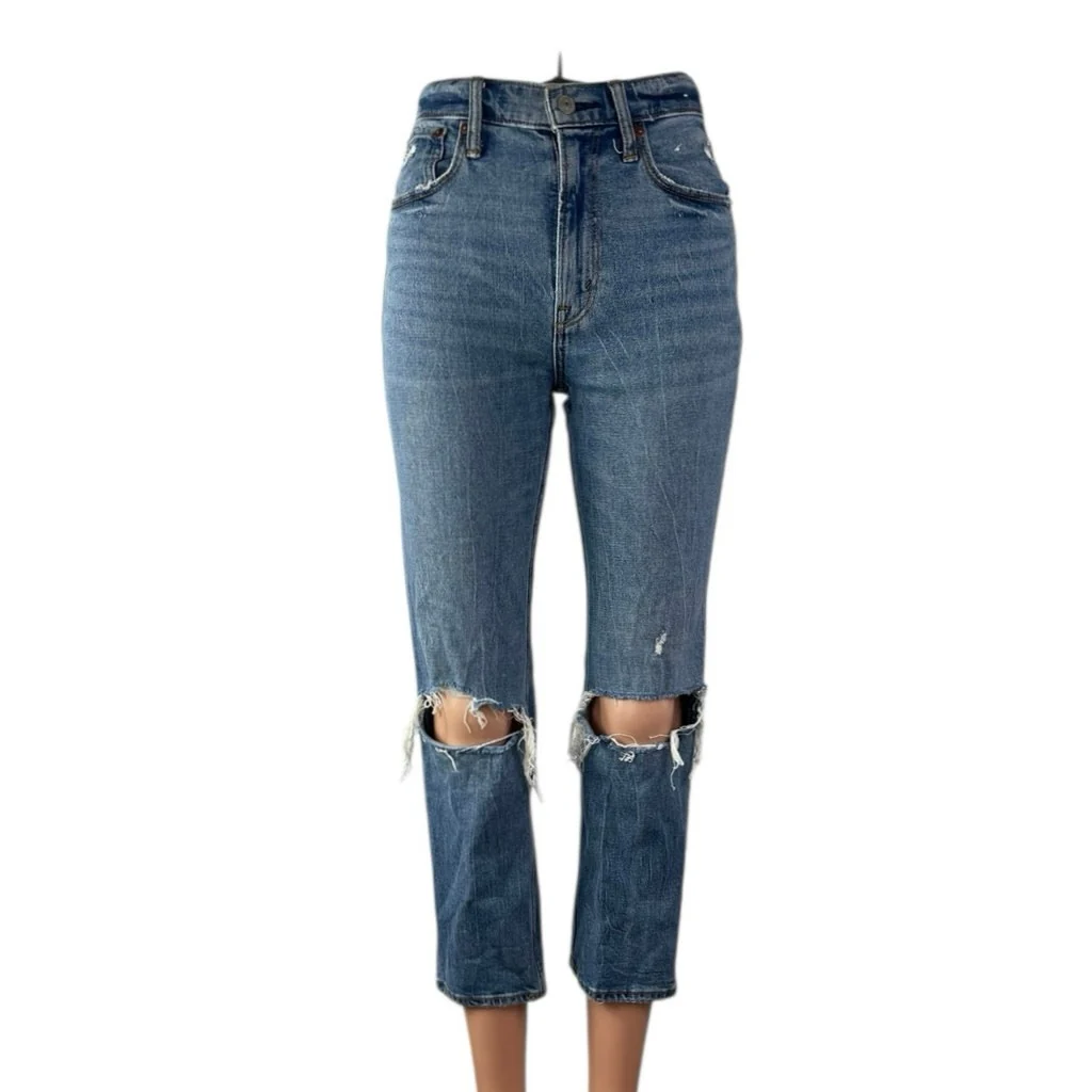 Abercrombie & Fitch The Ankle Straight High Rise Distressed Denim Jeans Size 24