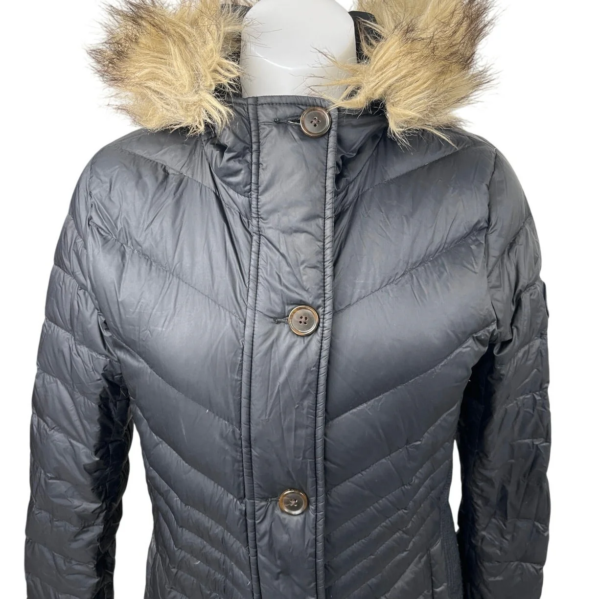 Abercrombie & Fitch Women's Black Fur Hooded Button Parka Puffer Coat Jacket S - Image 3