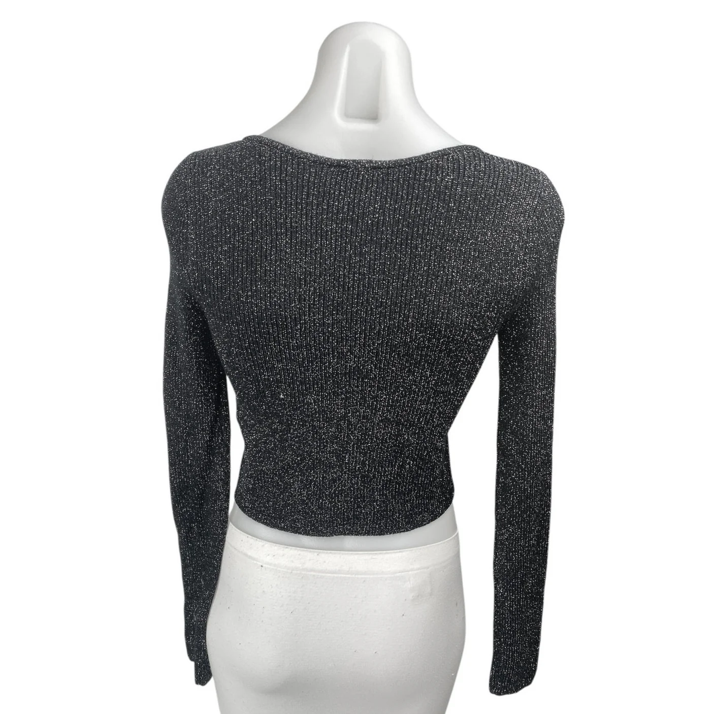 Abercrombie & Fitch Women's Black Metallic Long Sleeve Knit Crop Sweater Top XXS - Image 2