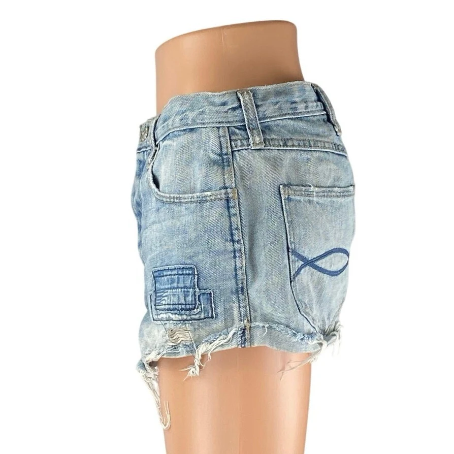 Abercrombie & Fitch Women's Blue High Waist Distressed Patcworks Denim Shorts 6 - Image 2