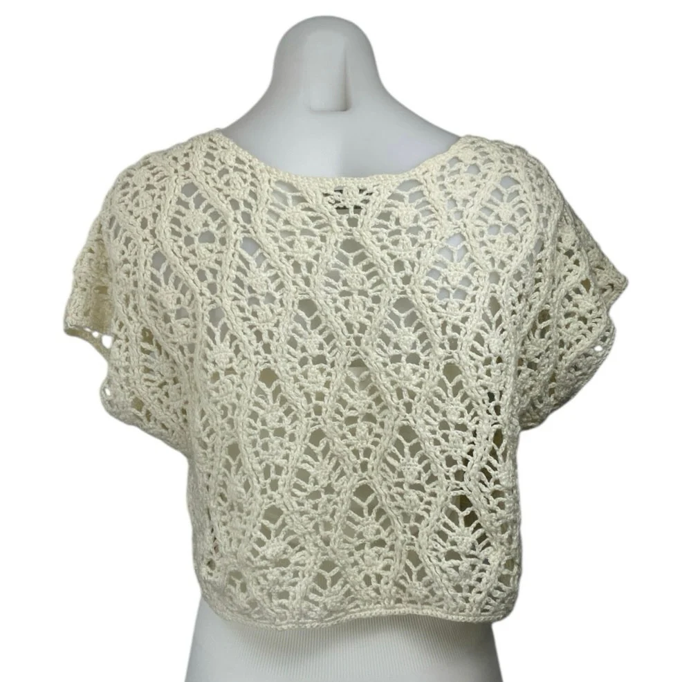 Abercrombie & Fitch Women's Cream Crochet Knit Short Sleeve Crop Sweater Top S - Image 3