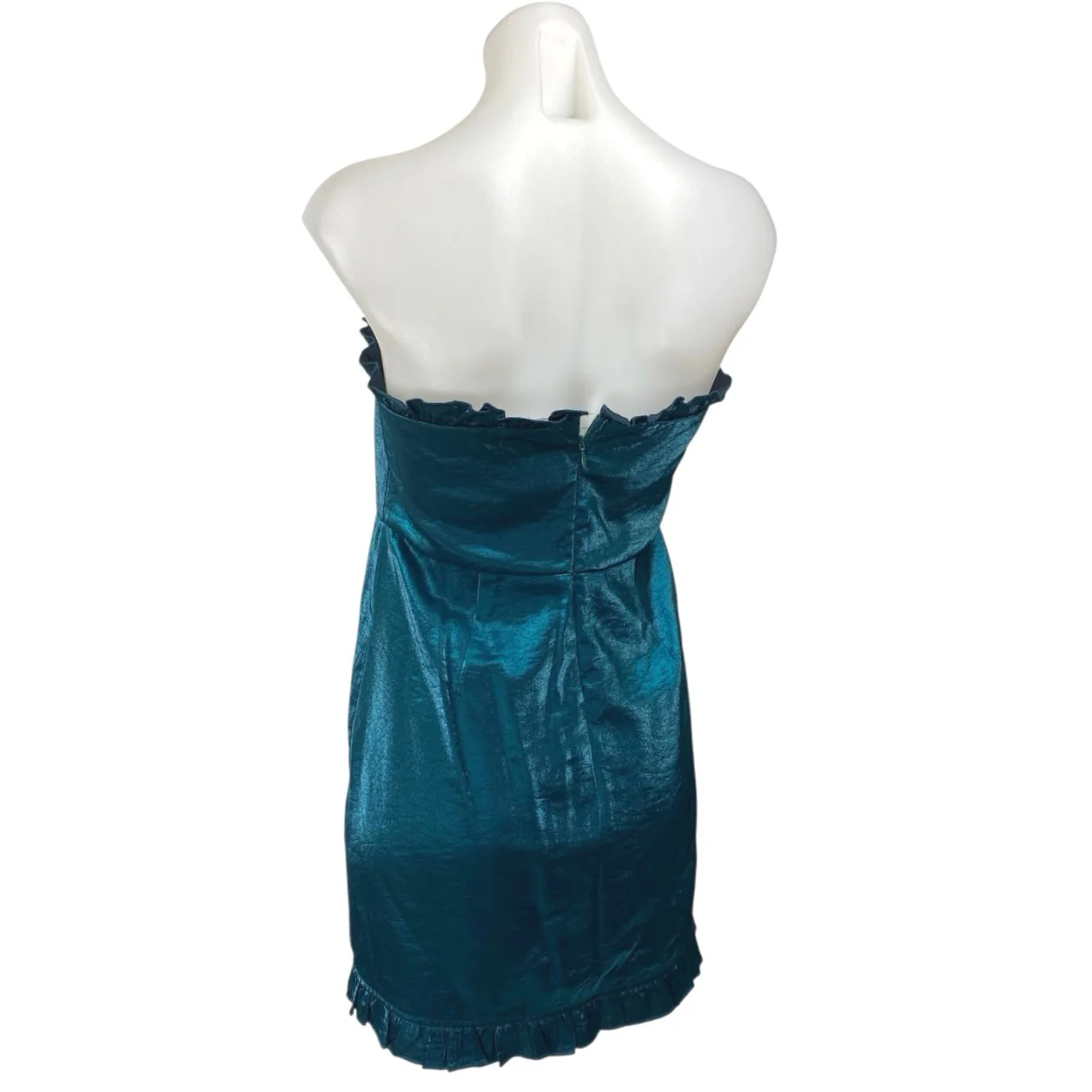 About Us Blue Silk Satin Sleeveless Strapless Ruffle Tube Bandeau Mini Dress M - Image 2