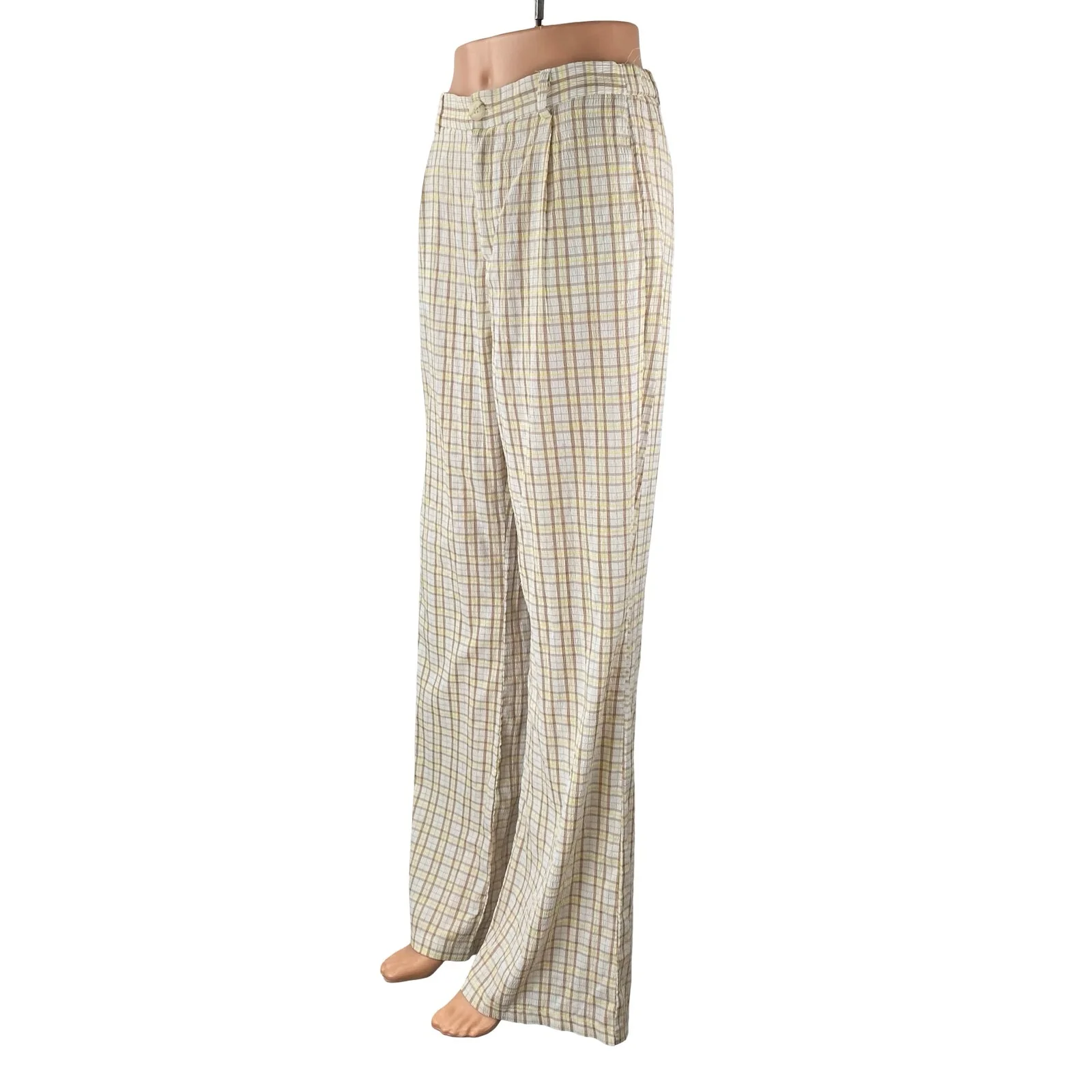 Adika Women's Beige Plaid High Rise Wide Leg Baggy Pleated Trousers Pants Size M - Image 2