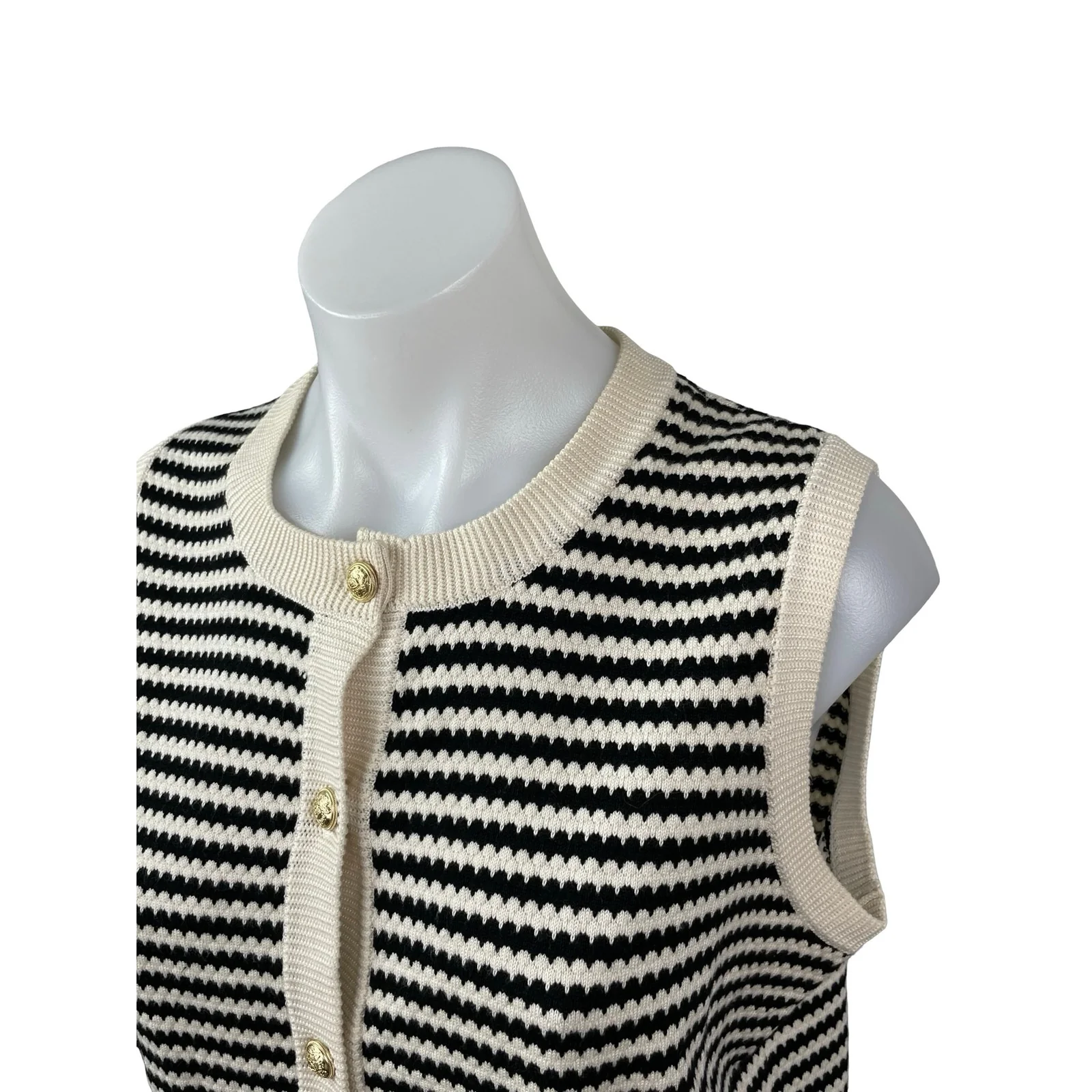 Adrianna Papell Cream Black Striped Knit Sleeveless Button Up Cardigan Sweater M - Image 3