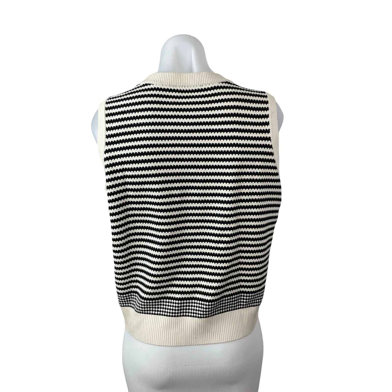 Adrianna Papell Cream Black Striped Knit Sleeveless Button Up Cardigan Sweater M - Image 4