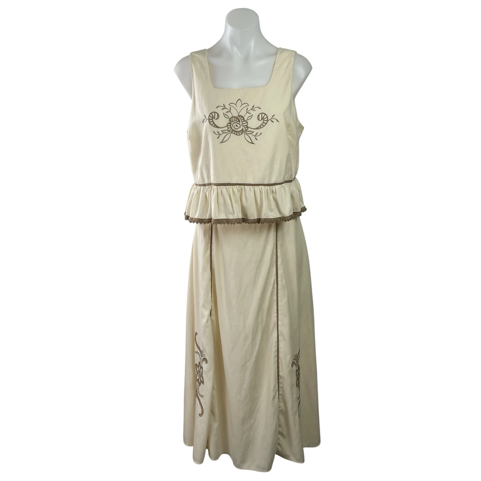 Adrianna Papell Cream Embroidered Sleeveless Ruffle Peplum Tank Skirt Set Size L