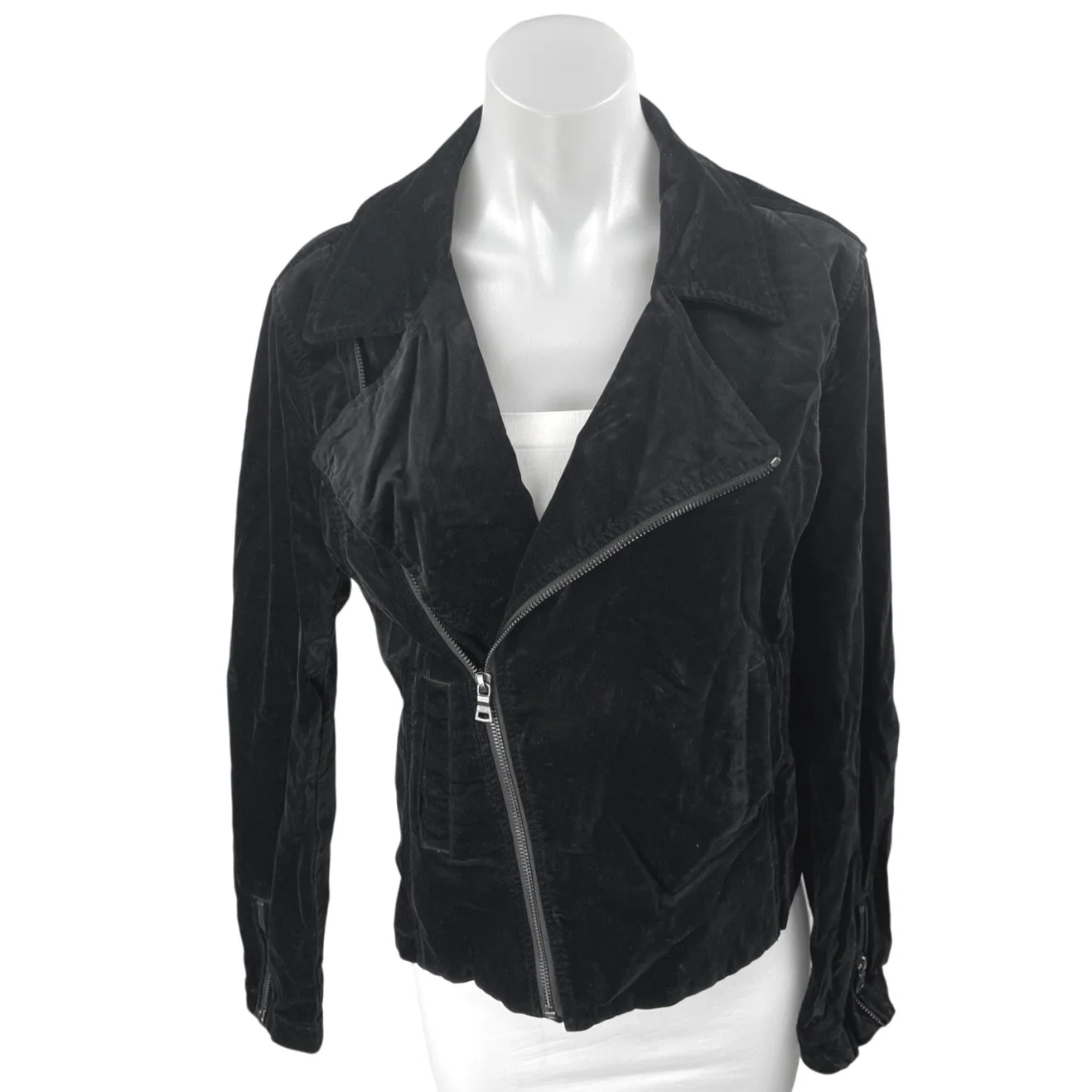 Adriano Goldschmied Black Velvet Velour Long Sleeve Zip Up Moto Coat Jacket M