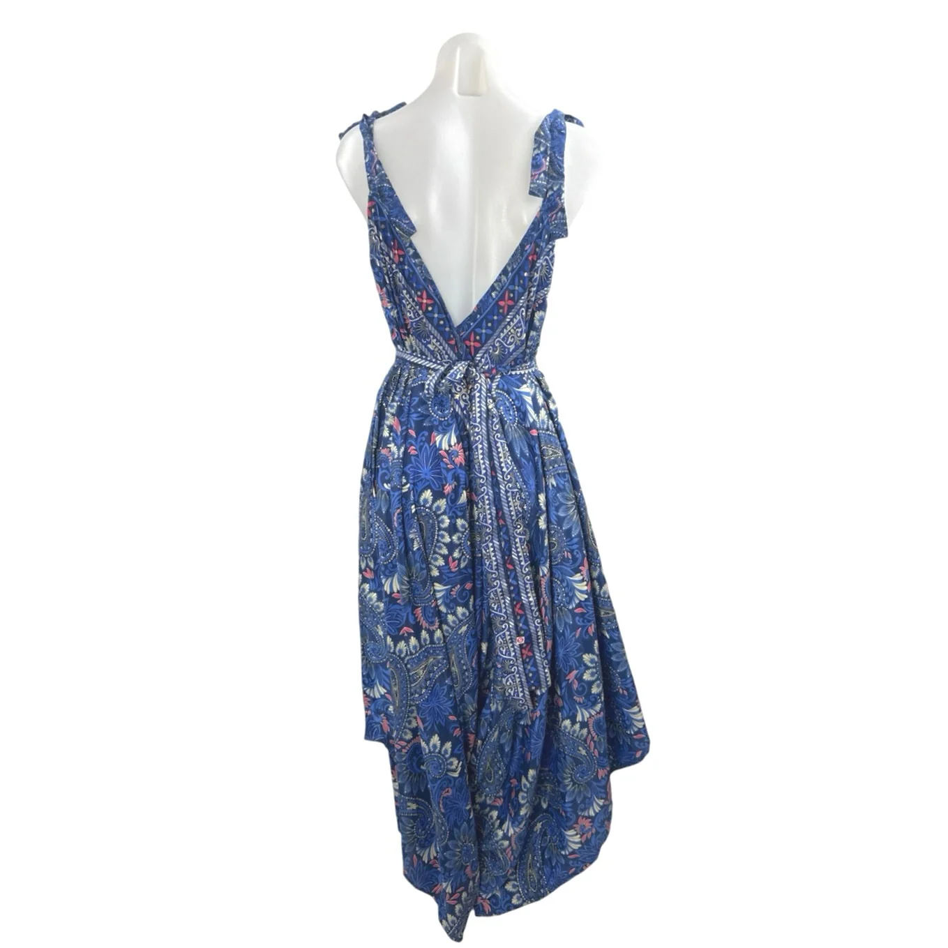 Advance Blue Silk Floral Paisley V Neck Tie Sleeveless A Line Maxi Dress Sz L/XL - Image 3