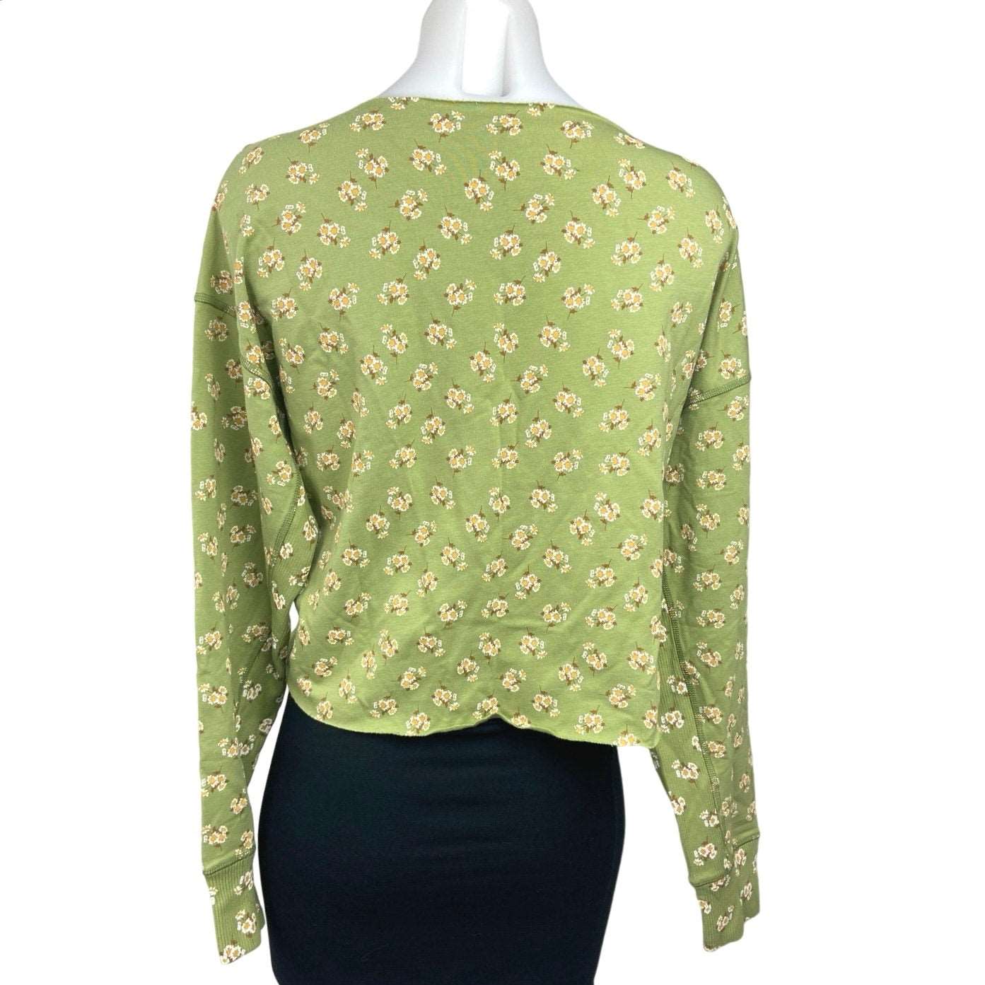 Aerie Offline Green Floral Printed Rib Inset Fleece Long Sleeve Pullover Top S - Image 3
