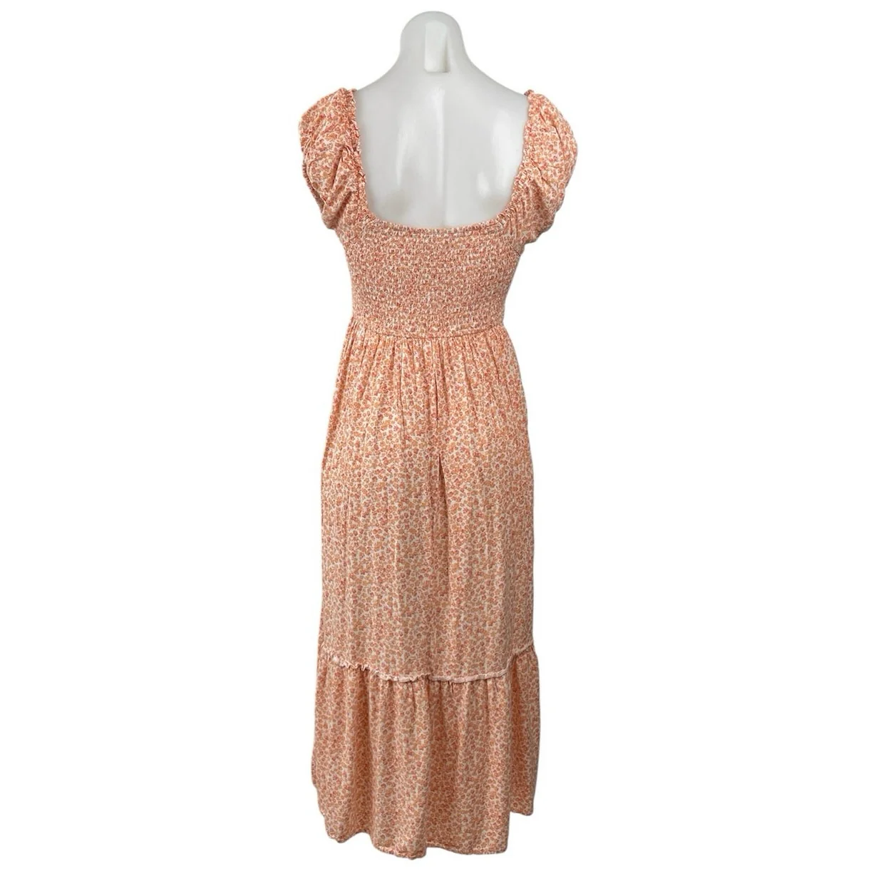 Aeropostale Coral Ditsy Floral Short Puff Sleeve Tiered A Line Midi Dress Size M - Image 3