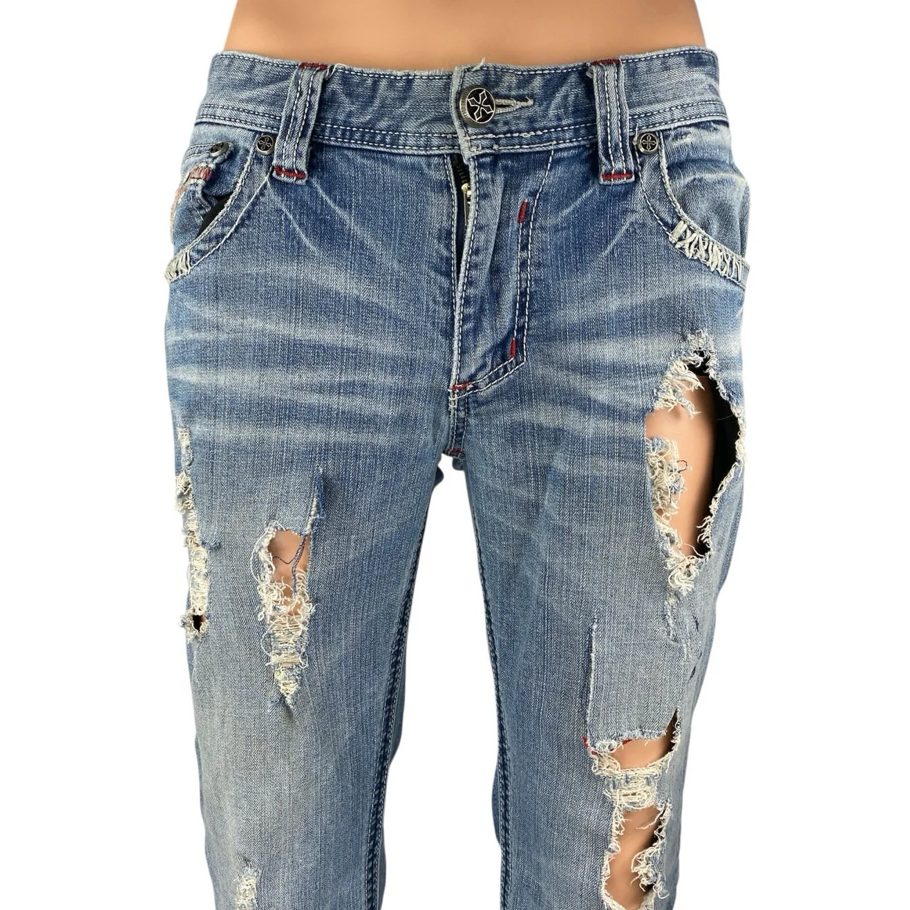 Affliction Buckle Blake Men's Blue Distressed Slim Straight Denim Jeans Size 30L - Image 4