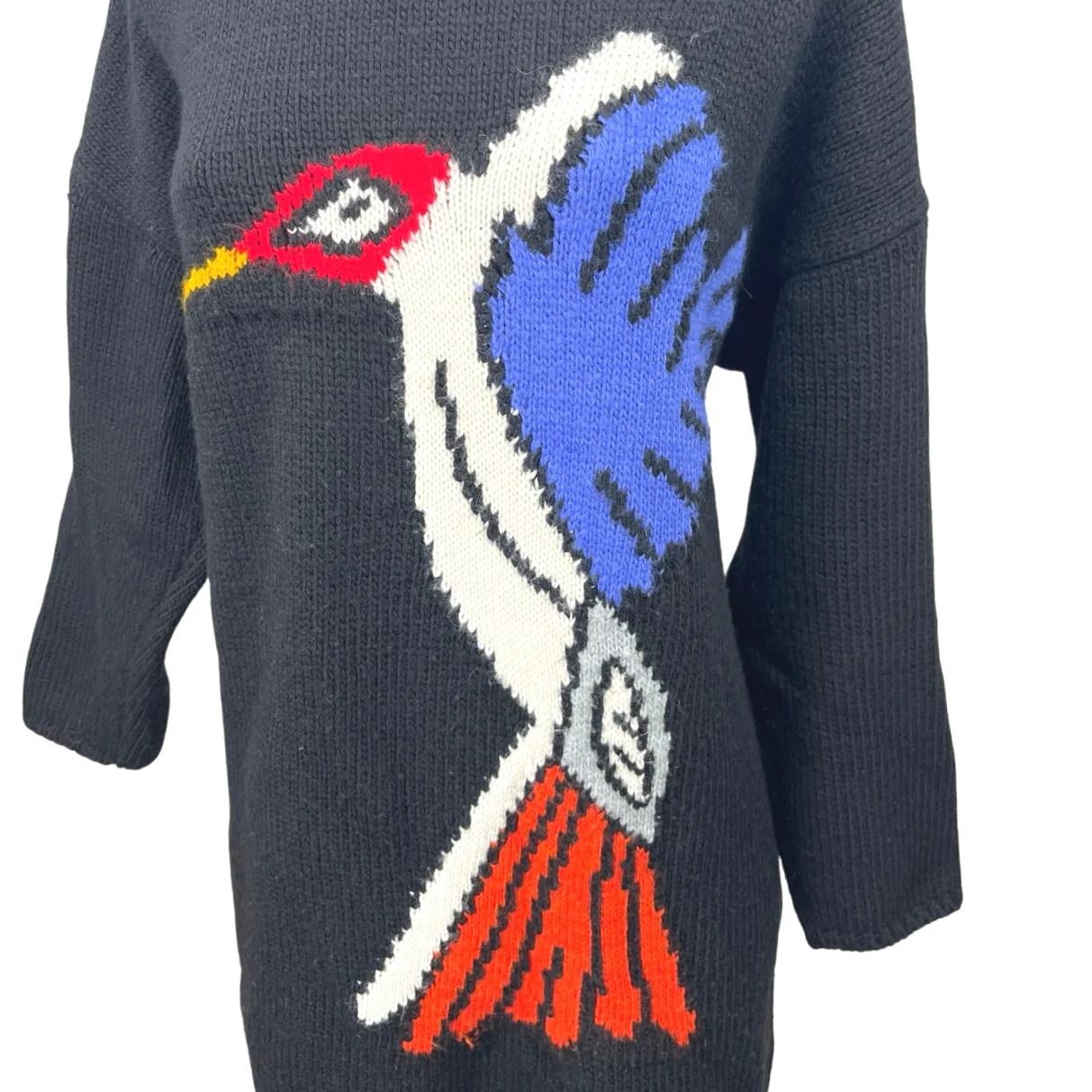 Akep Black Wool Knitted Bird Print Long Sleeve Pullover Mini Sweater Dress S/M - Image 3