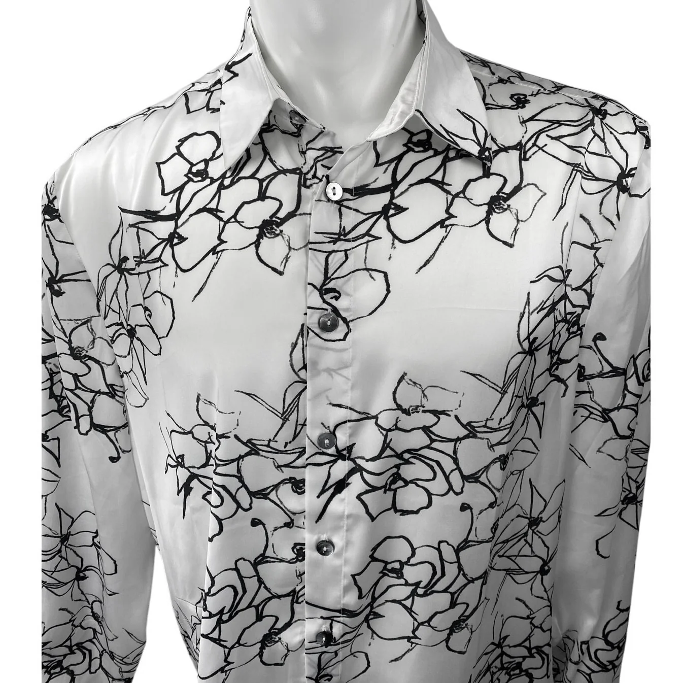 Akings Men's White Silky Satin Floral Print Long Sleeve Button Down Shirt Top L - Image 3