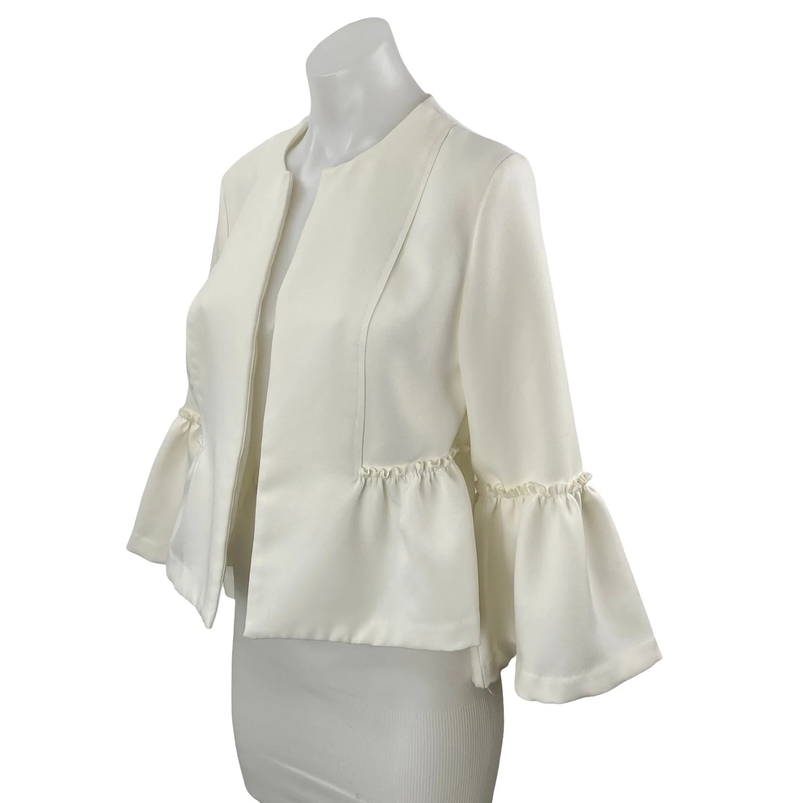 Akira Women's White Ruffle Bell Sleeve Round Neck Peplum Blazer Coat Jacket Sz M - Image 2