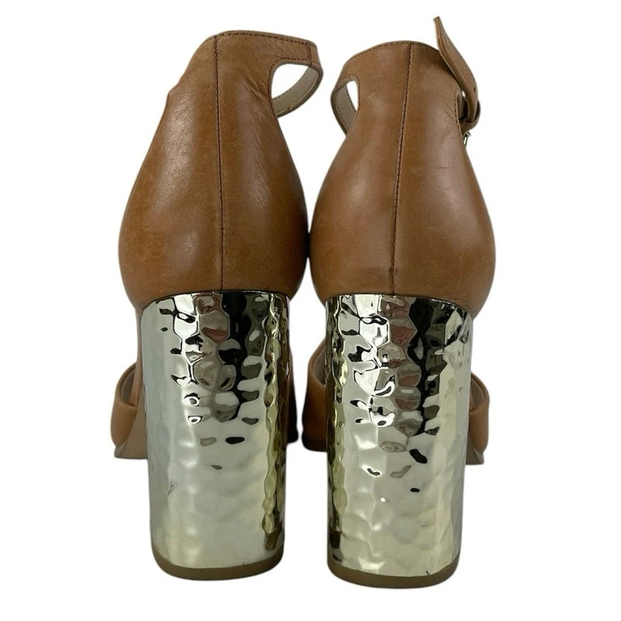 Aldo Nilia Women's Brown Open Toe Ankle Strap Gold High Block Heels Sandals Sz 7 - Image 3