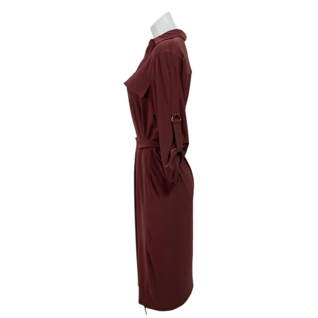 Alfani Womens Red Collared Long Sleeve Tie Waist Midi Flare A-Line Shirt Dress M - Image 2