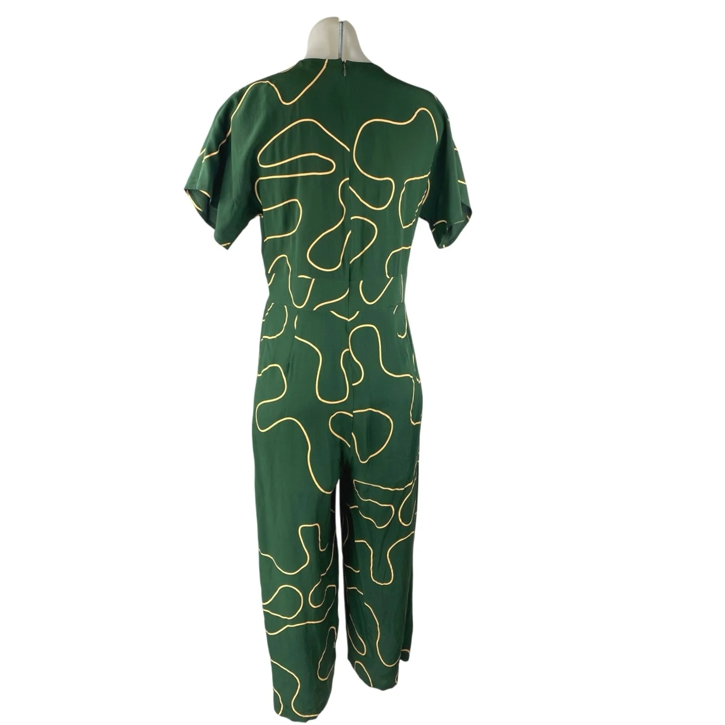 Ali Golden Women's Green Gold Silk Abstract Short Sleeve V Neck Crop Jumpsuit S - Image 3