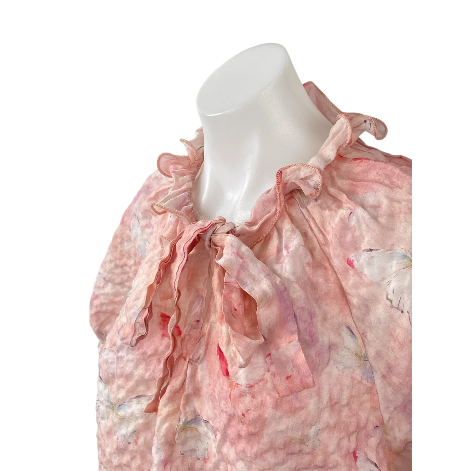 Alice Blue Women's Pink Butterfly Pink Short Puff Sleeve Tie Ruffle Blouse Top L - Image 2
