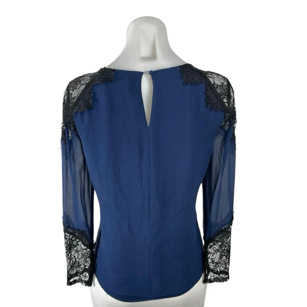 Alice + Olivia 100% Silk Sheer Mesh Lace Trim Pleated Long Sleeve Blouse Top SP - Image 3